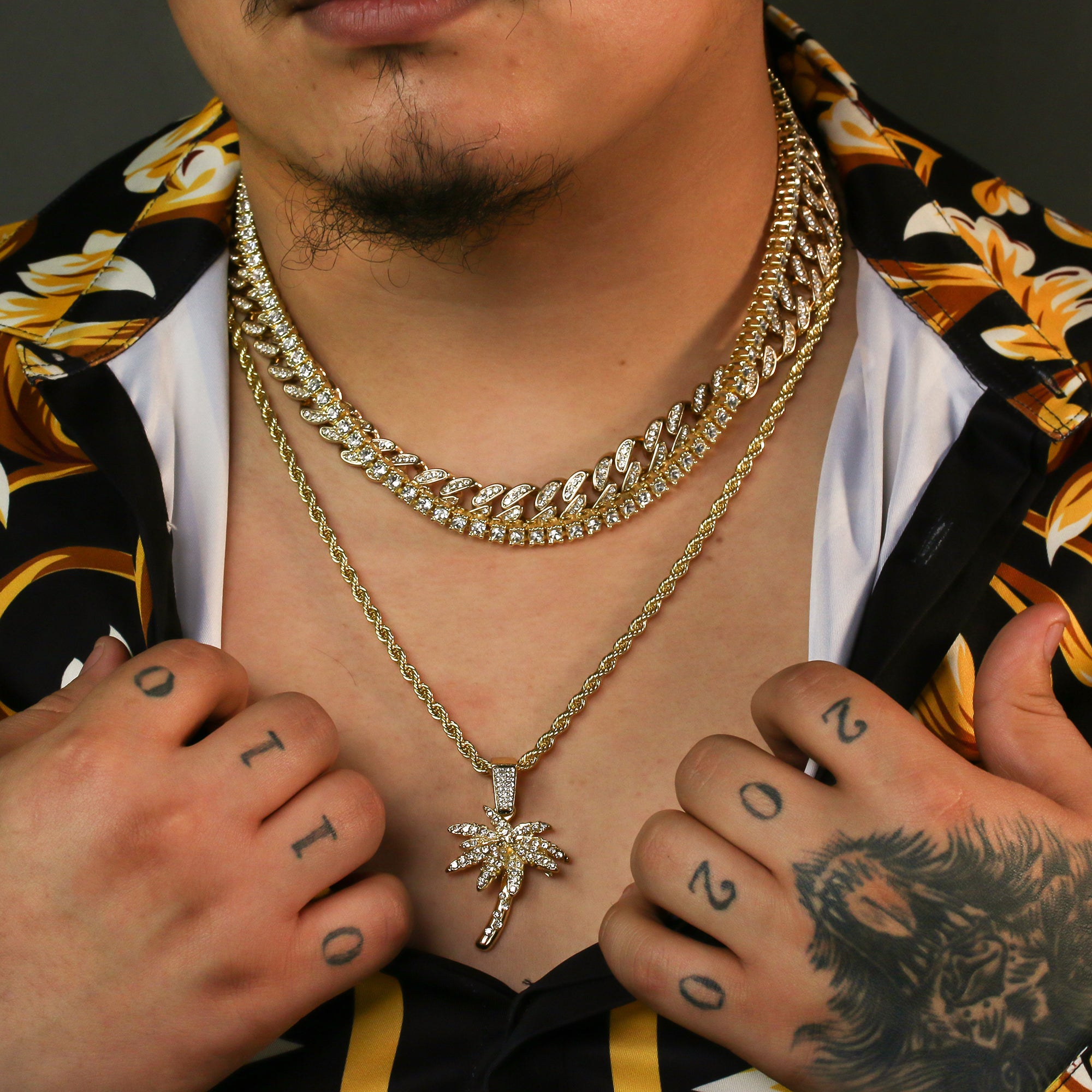 High Fashion Gold Plated 20" Fully Cz Cuban Tennis Chains & West Coast Palm Tree Pendant