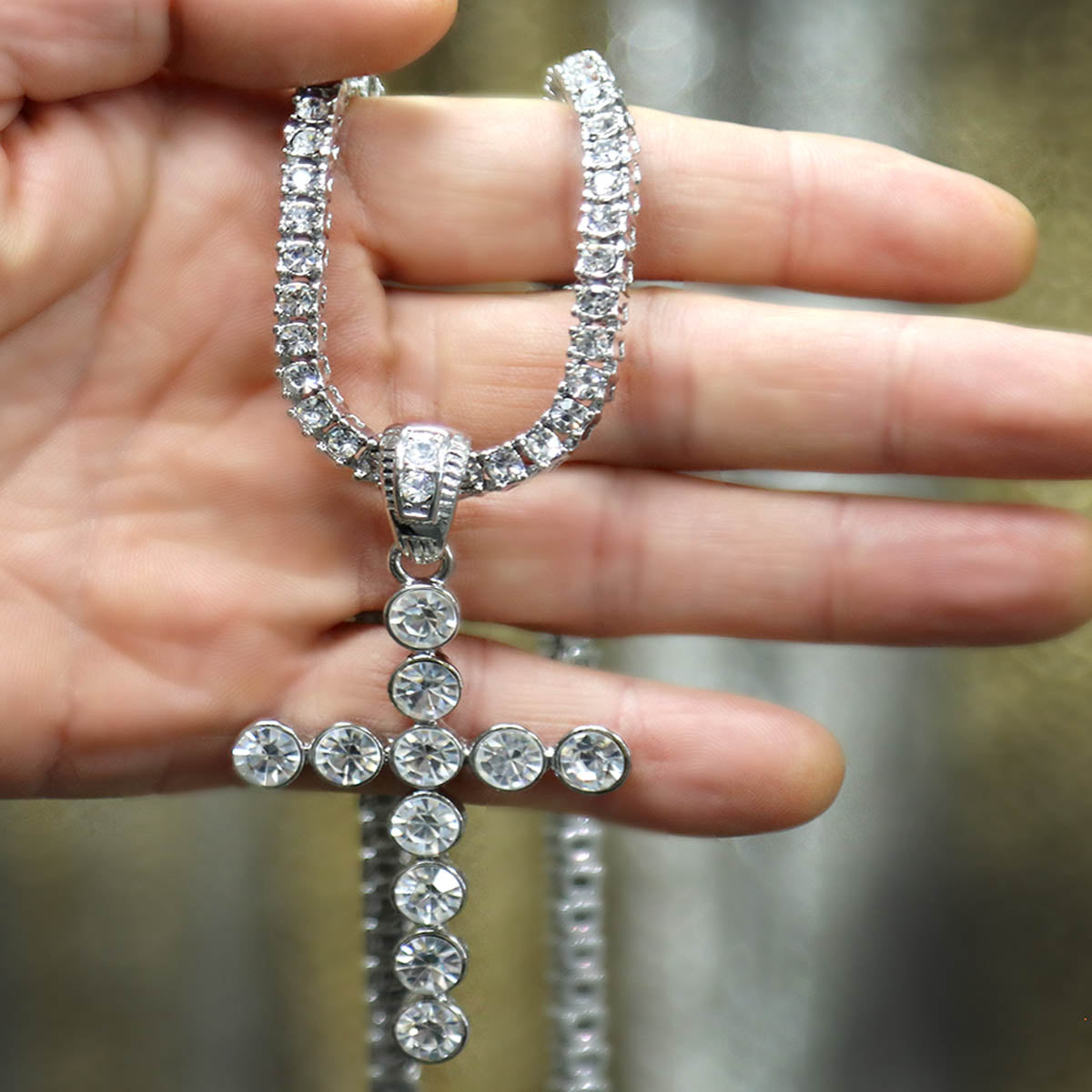White GOLD TENNIS CHAIN 18" 20" Cross Latin Pendant Bundle