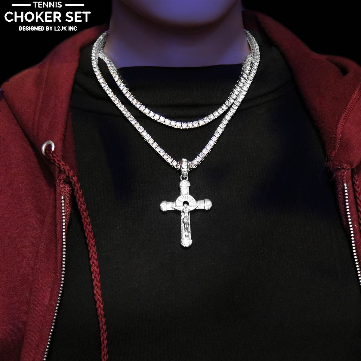 White GOLD TENNIS CHAIN 18" 20" Cross Jesus hang Pendant Bundle