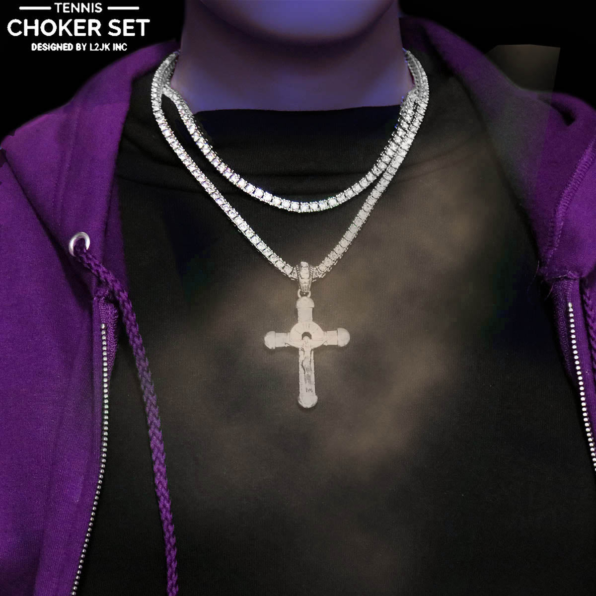 White GOLD TENNIS CHAIN 18" 20" Cross Jesus hang Pendant Bundle