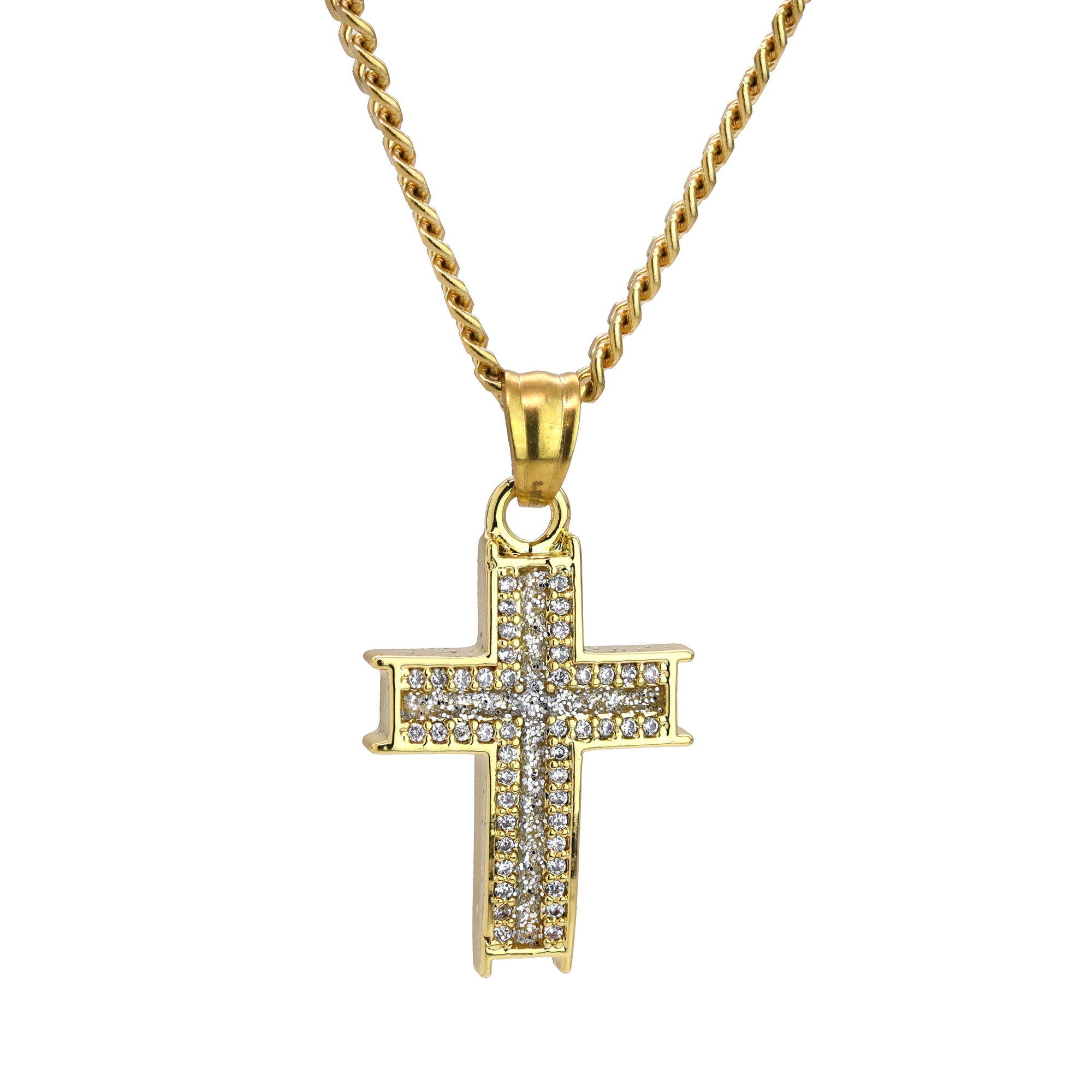 Forked Cross Pendant 24" Cuban Chain Hip Hop Style 18k Gold Stainless Steel