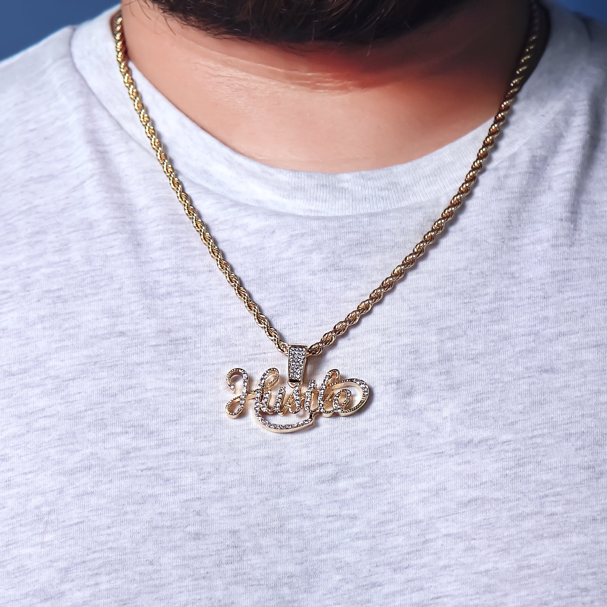 Hustle Pendant Rope Chain Men's Hip Hop 18k Cz Jewelry Necklace