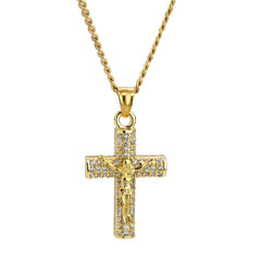 012 Jesus Cross Pendant 24" Cuban Chain Hip Hop Style 18k Gold Stainless Steel