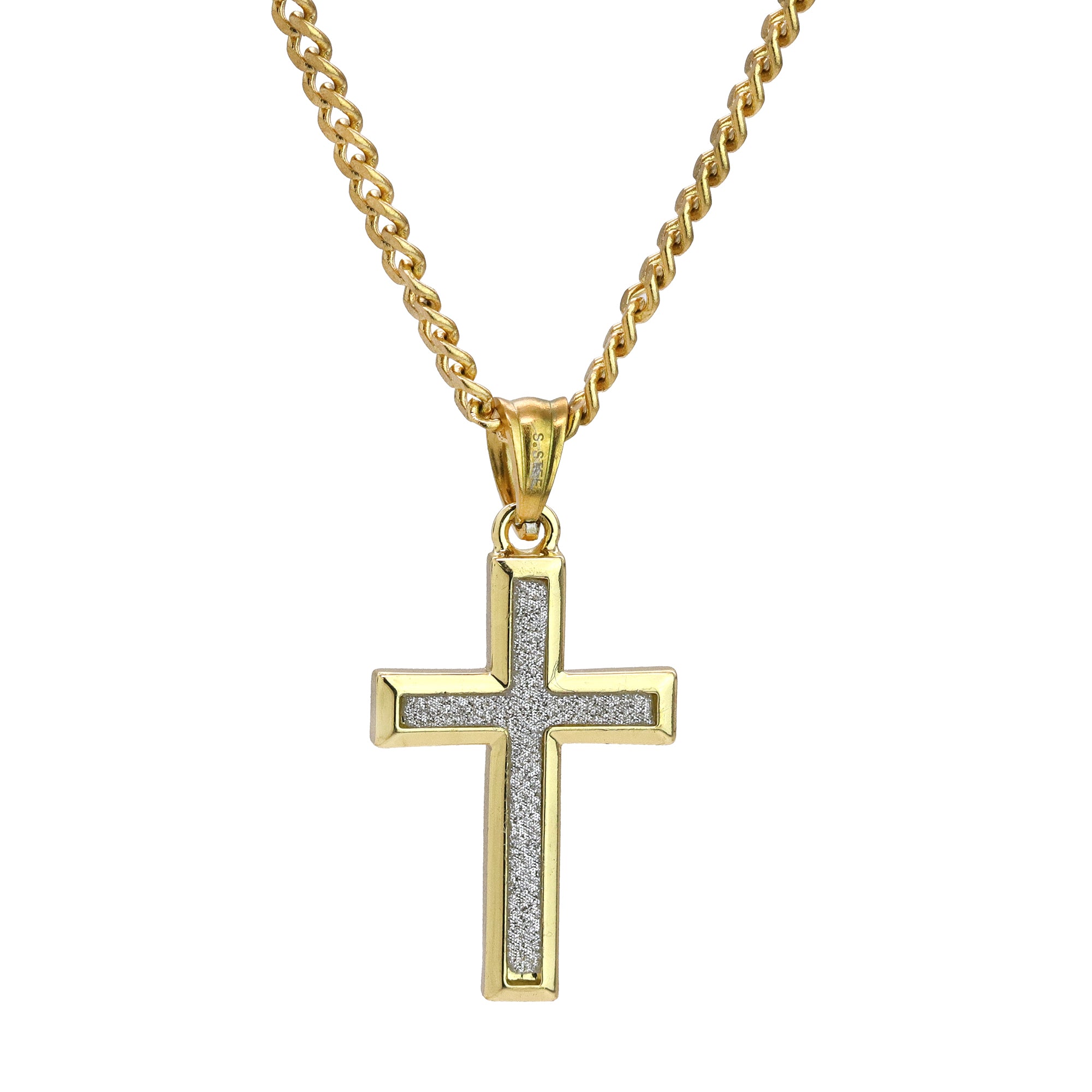 Slim Stardust Cross Pendant 24" Cuban Chain Hip Hop Style 18k Gold Stainless Steel