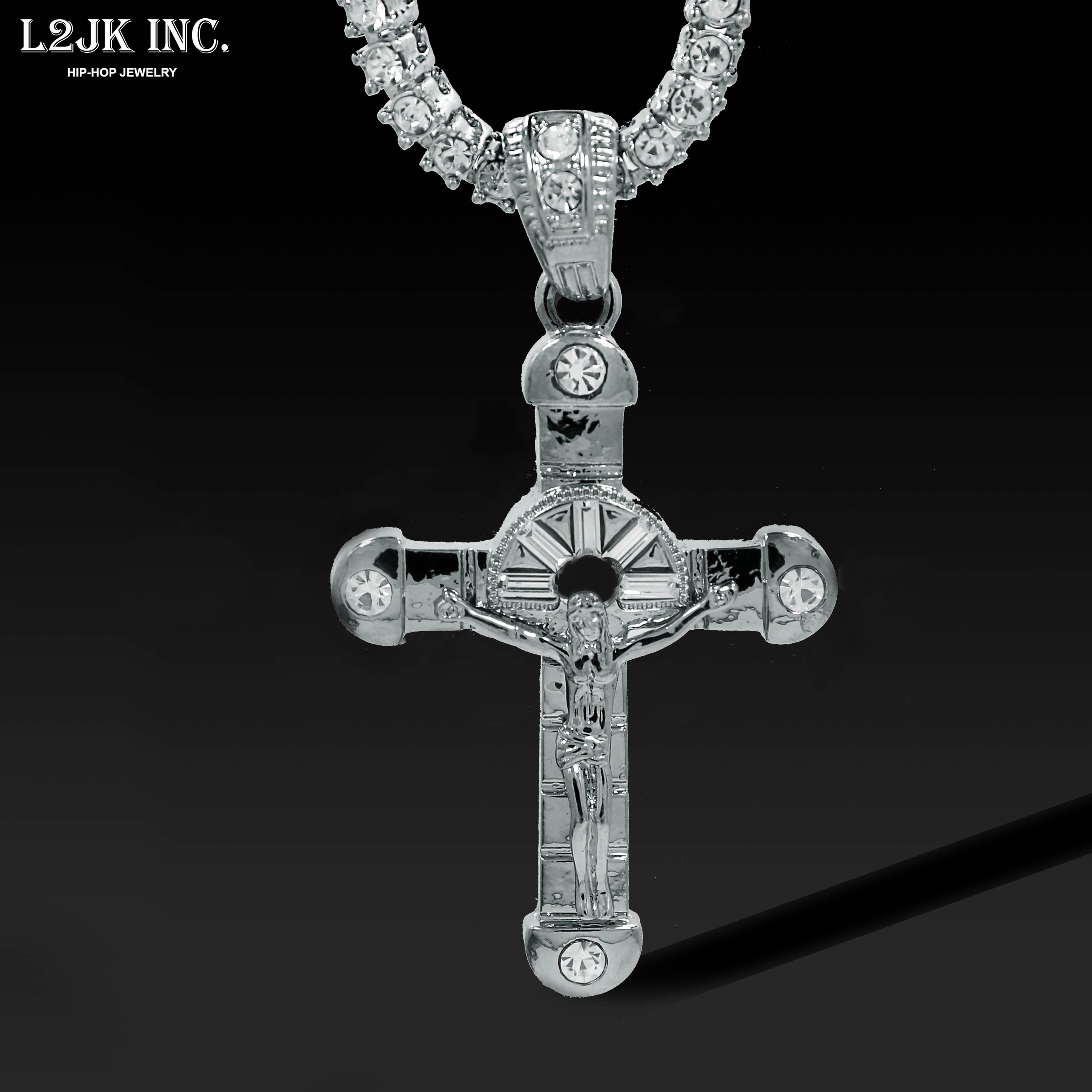 White GOLD TENNIS CHAIN 18" 20" Cross Jesus hang Pendant Bundle
