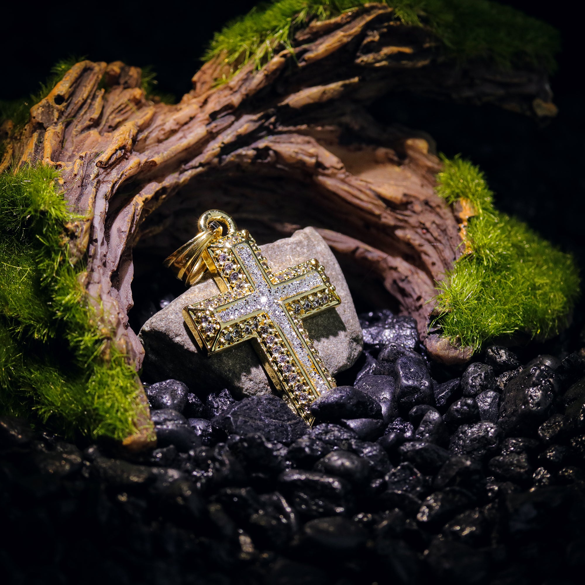 Voided Stardust Cross Pendant 24" Cuban Chain Hip Hop Style 18k Gold Stainless Steel