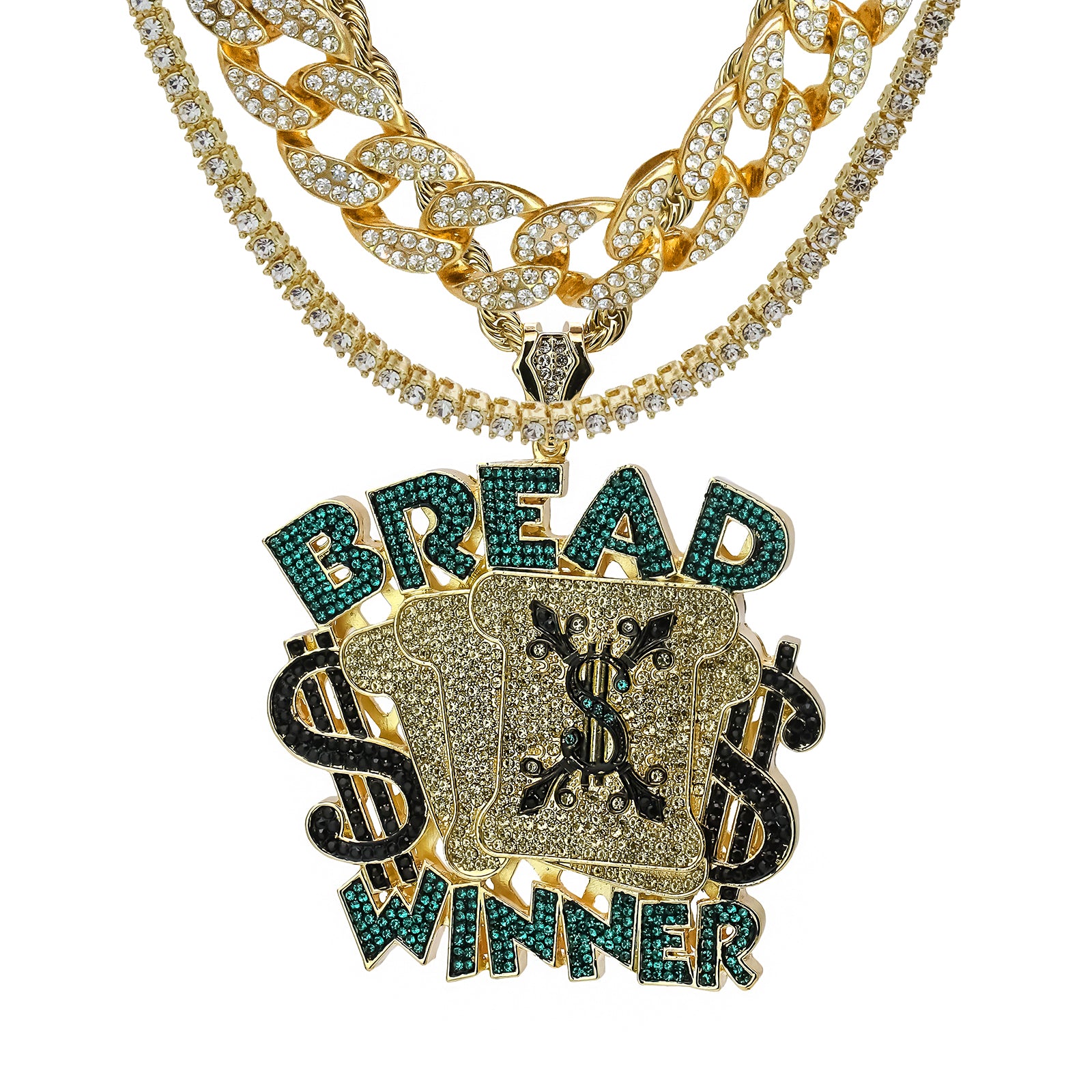 4PC Set – Bread Winner Pendant with Gold CZ Cuban, Tennis & Rope Chains