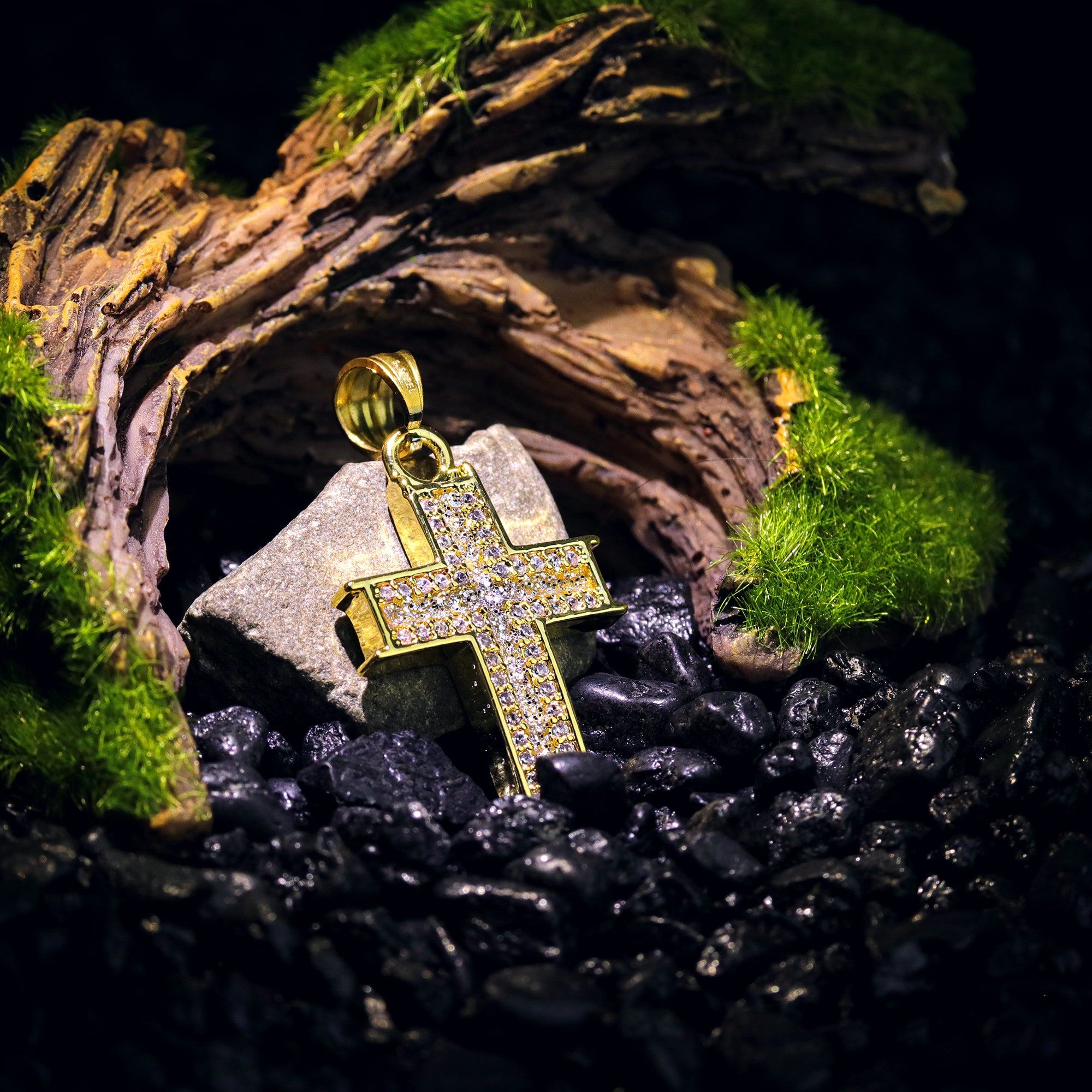 Forked Cross Pendant 24" Cuban Chain Hip Hop Style 18k Gold Stainless Steel