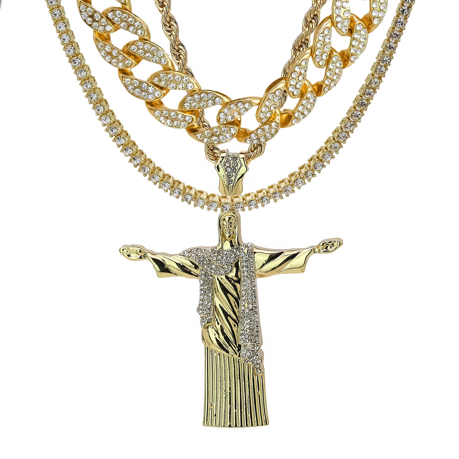 Christ Redeemer Cz 4 Pcs Set Clear Cz Cuban, Tennis & Rope Chain Bundle Gold PT