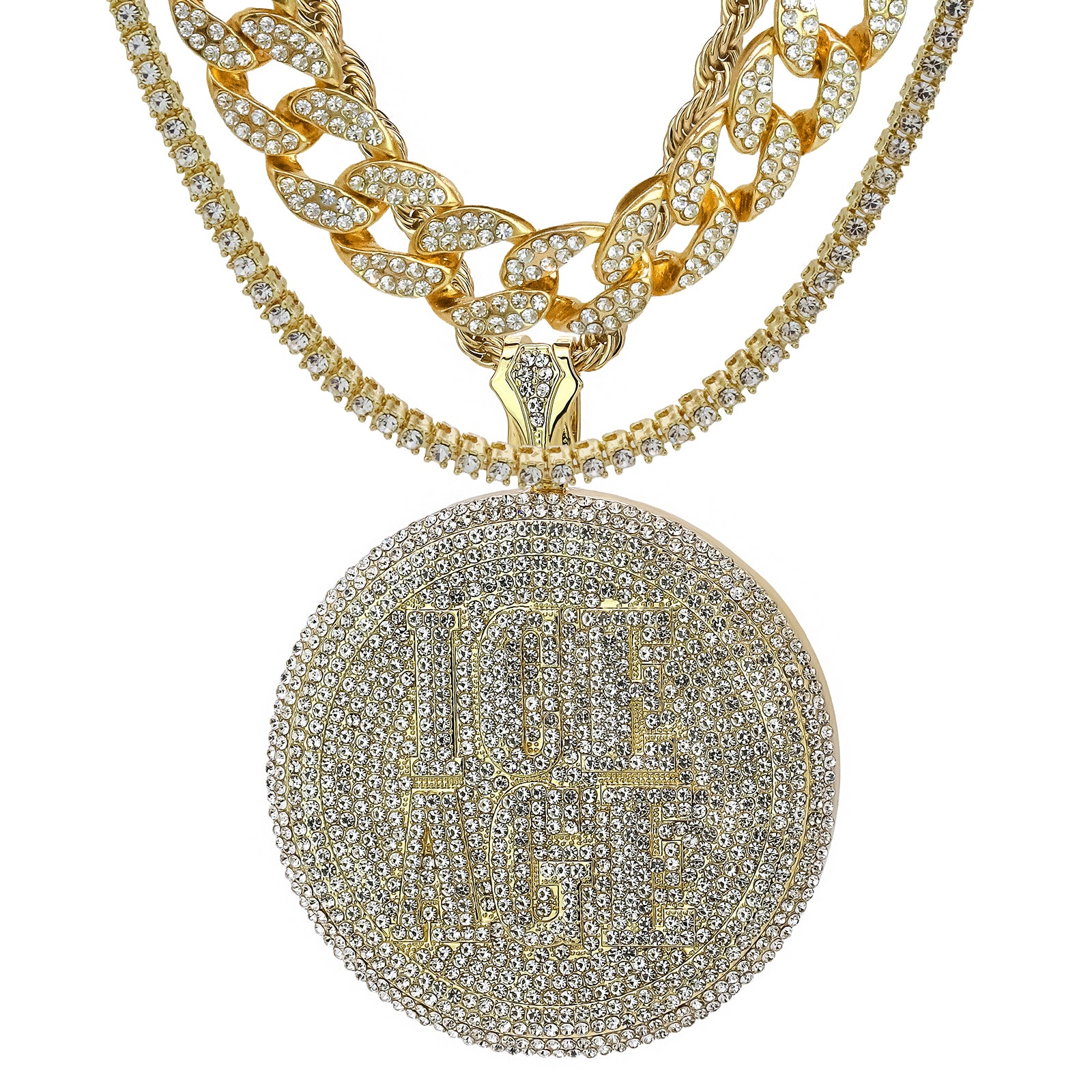 4PC Set – Ice Age Pendant with Gold CZ Cuban, Tennis & Rope Chains