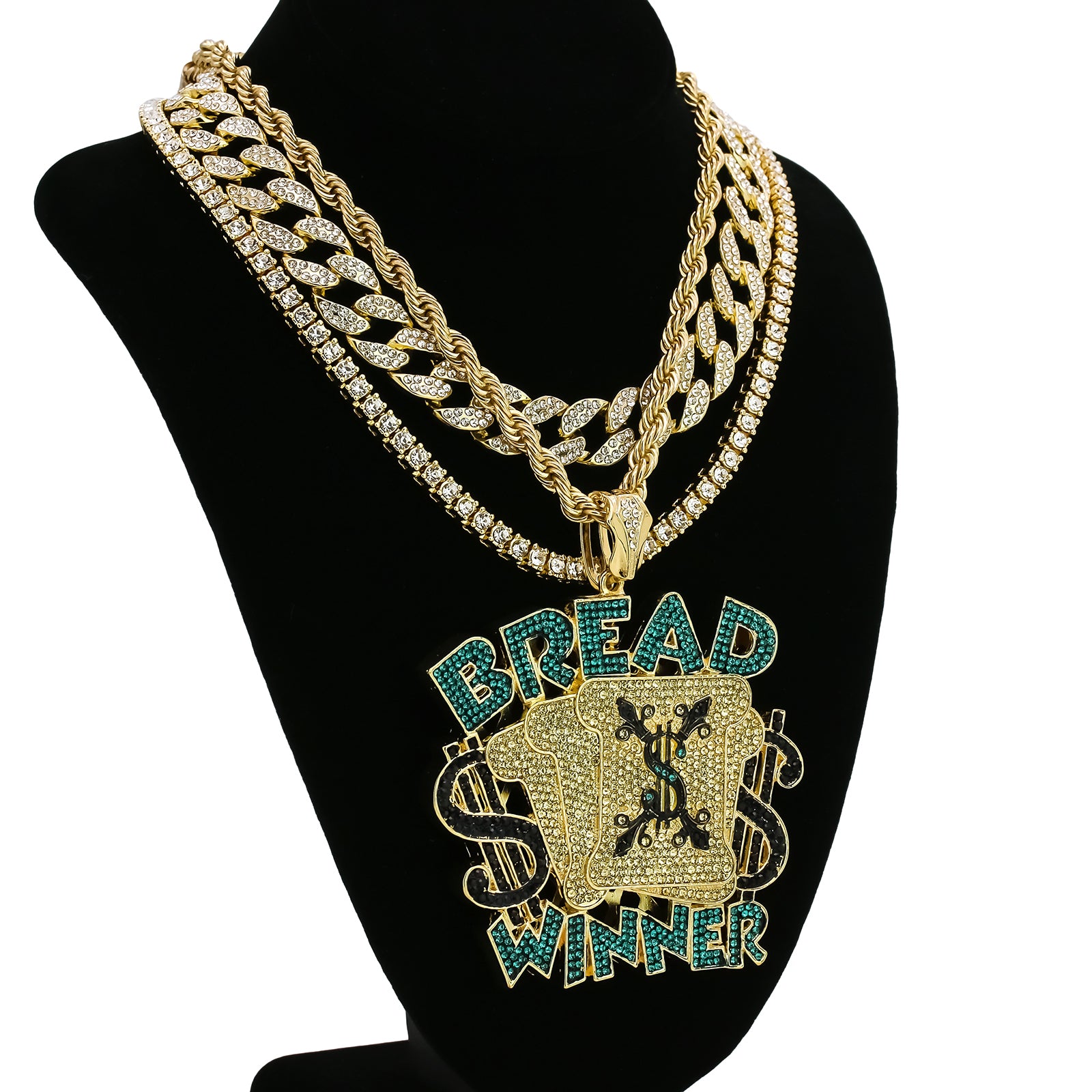 4PC Set – Bread Winner Pendant with Gold CZ Cuban, Tennis & Rope Chains