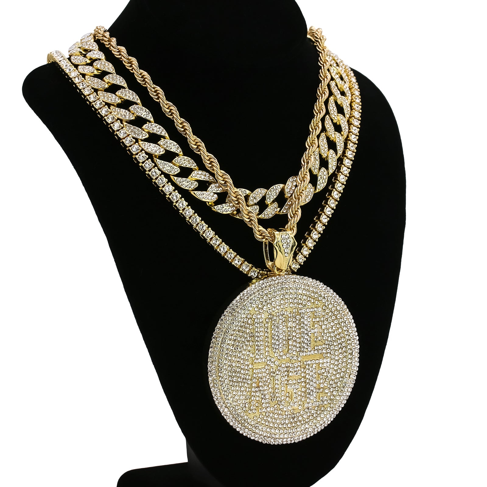 4PC Set – Ice Age Pendant with Gold CZ Cuban, Tennis & Rope Chains