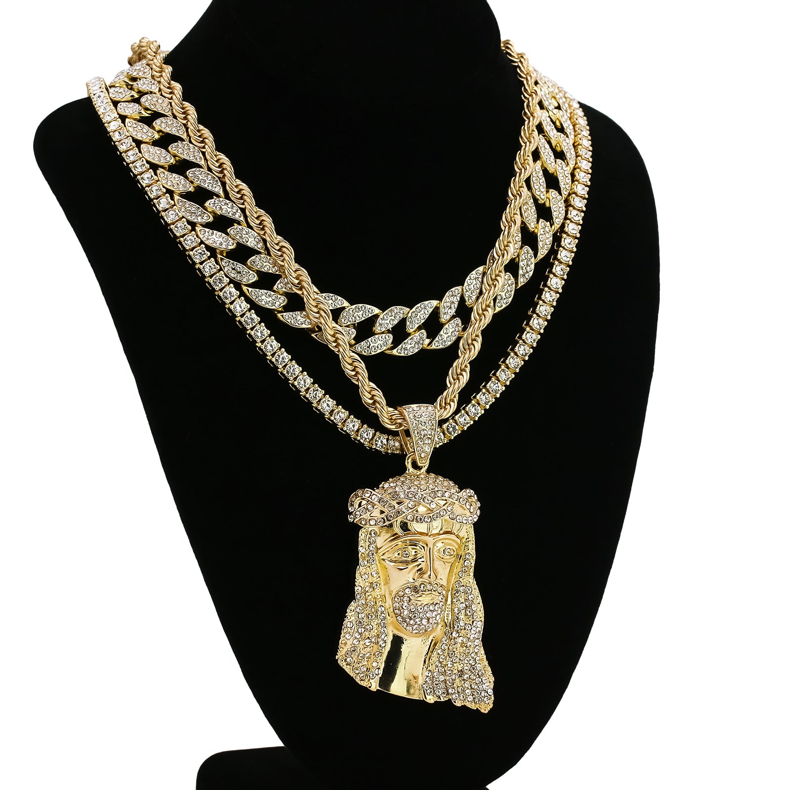 Jesus 4 Pcs Set Clear Cz Cuban, Tennis & Rope Chain Bundle Gold PT