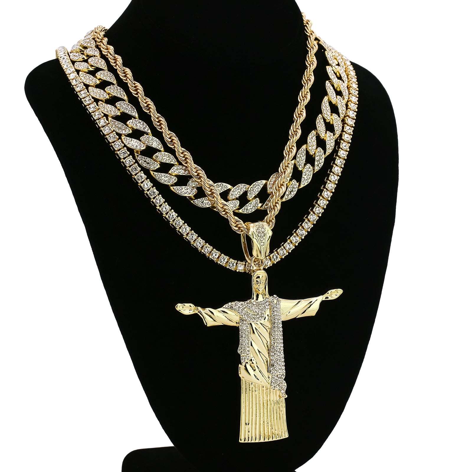 Christ Redeemer Cz 4 Pcs Set Clear Cz Cuban, Tennis & Rope Chain Bundle Gold PT