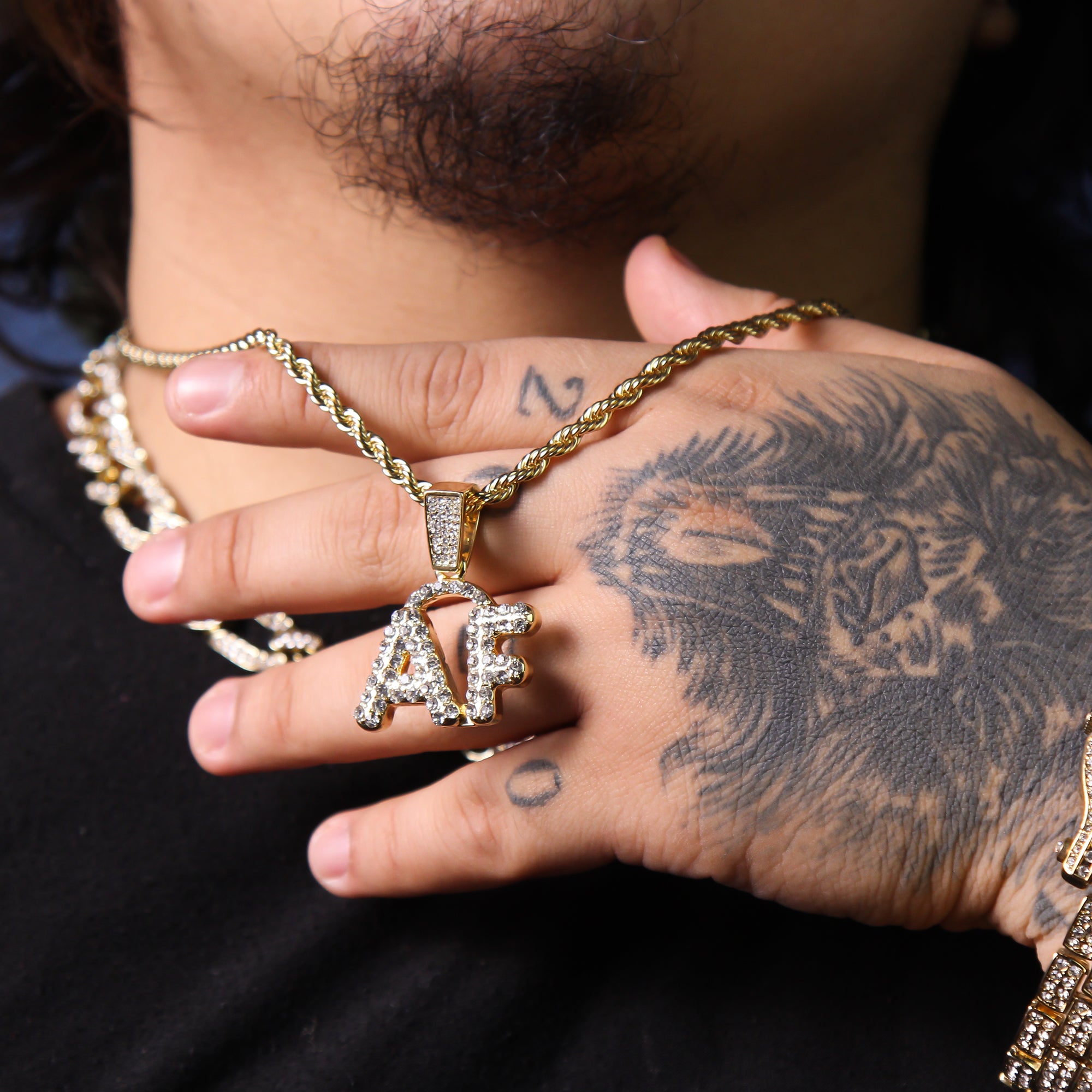 AF Curve Letter Pendant Rope Chain Men's Hip Hop 18k Cz Jewelry Necklace