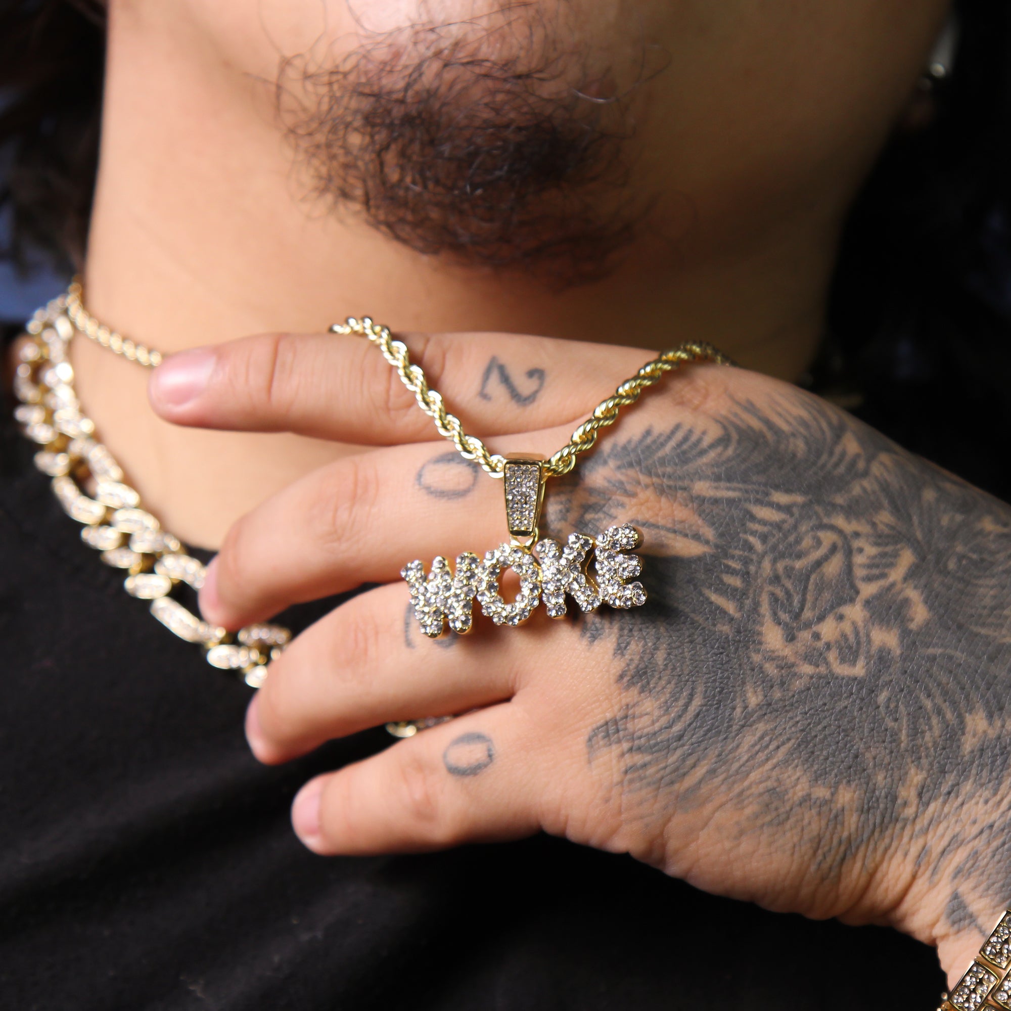 WOKE Letter Pendant Rope Chain Men's Hip Hop 18k Cz Jewelry Choker Necklace