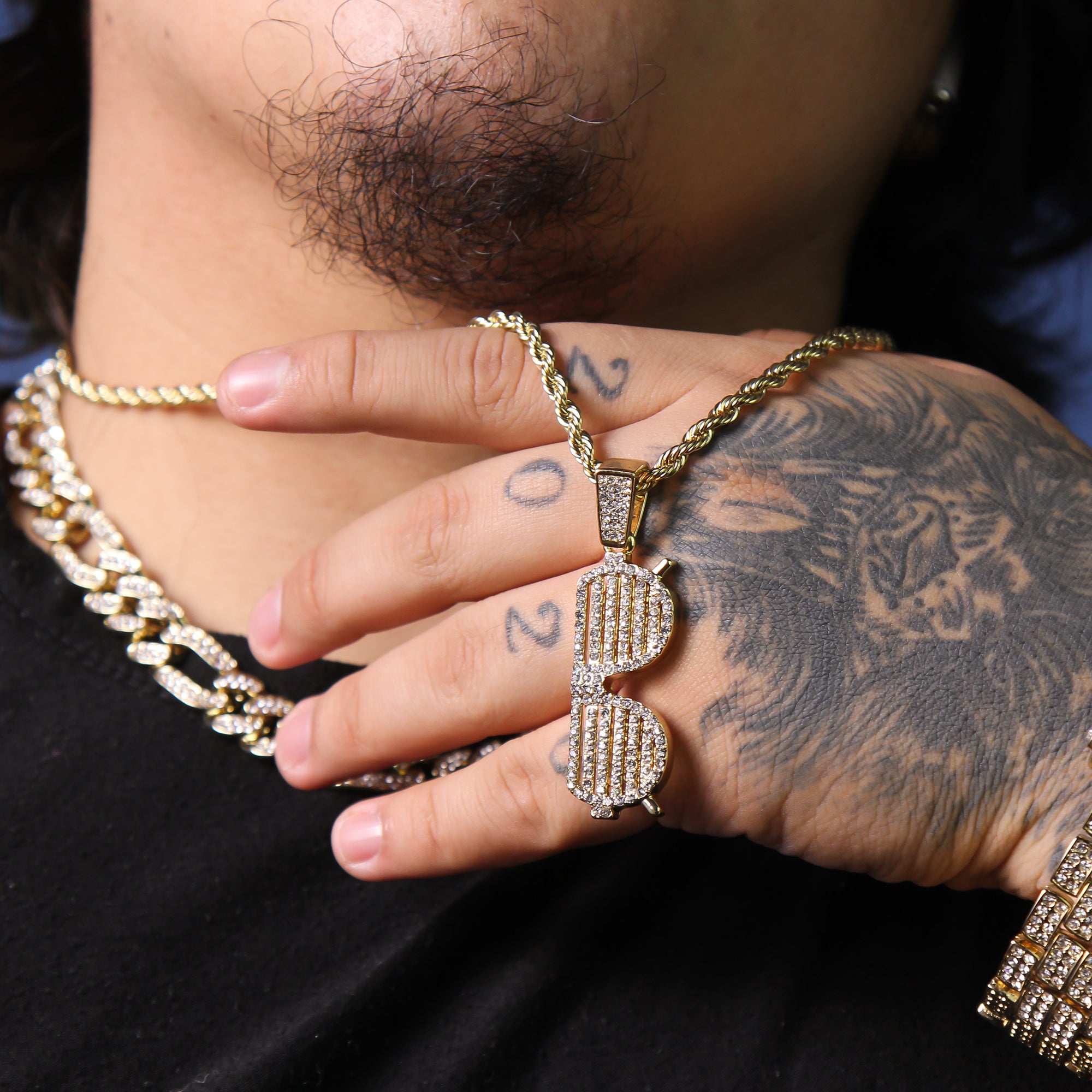 Lined Sunglasses Pendant Rope Chain Men's Hip Hop 18k Cz Jewelry Necklace Choker