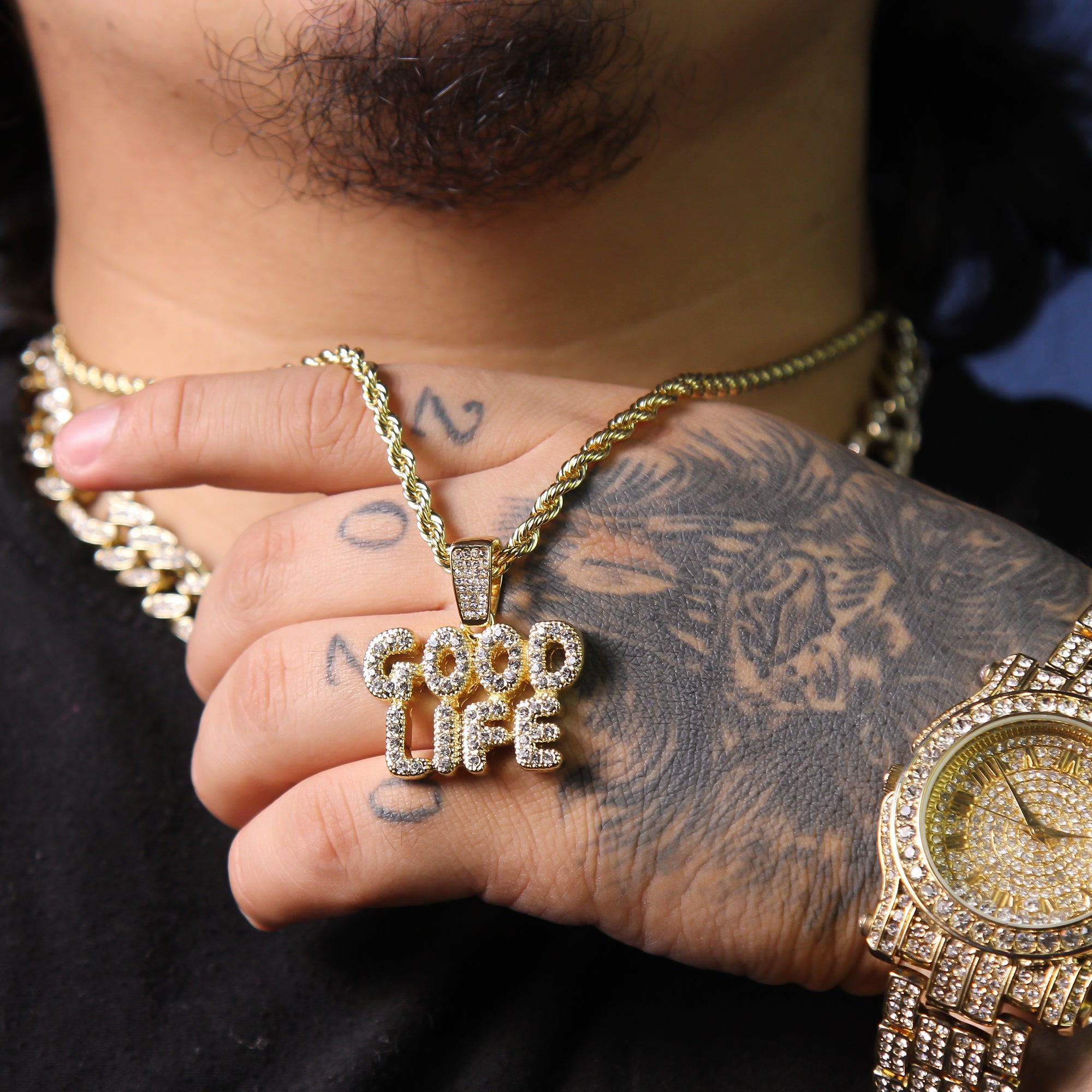 Good Life Letter Pendant Rope Chain Men's Hip Hop 18k Cz Jewelry Necklace Choker