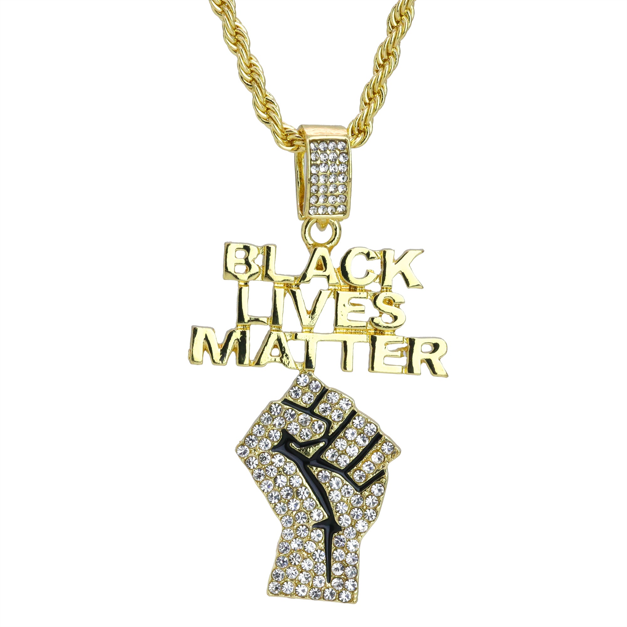 Iced BLM Fist Letter Pendant 24"Rope Chain Hip Hop Style 18k Gold Plated
