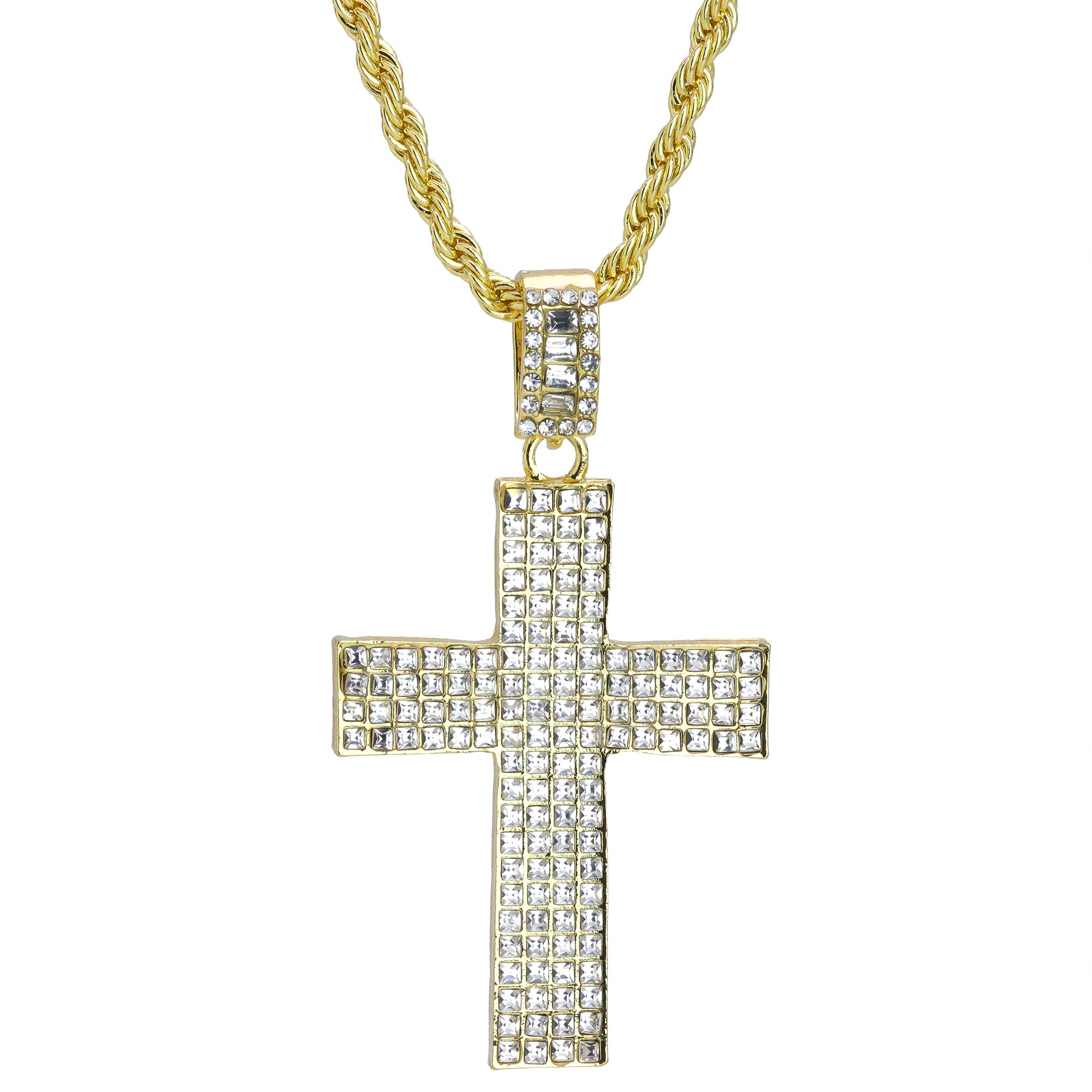 Iced 4 Row Cross Pendant 24"Rope Chain Hip Hop Style 18k Gold Plated