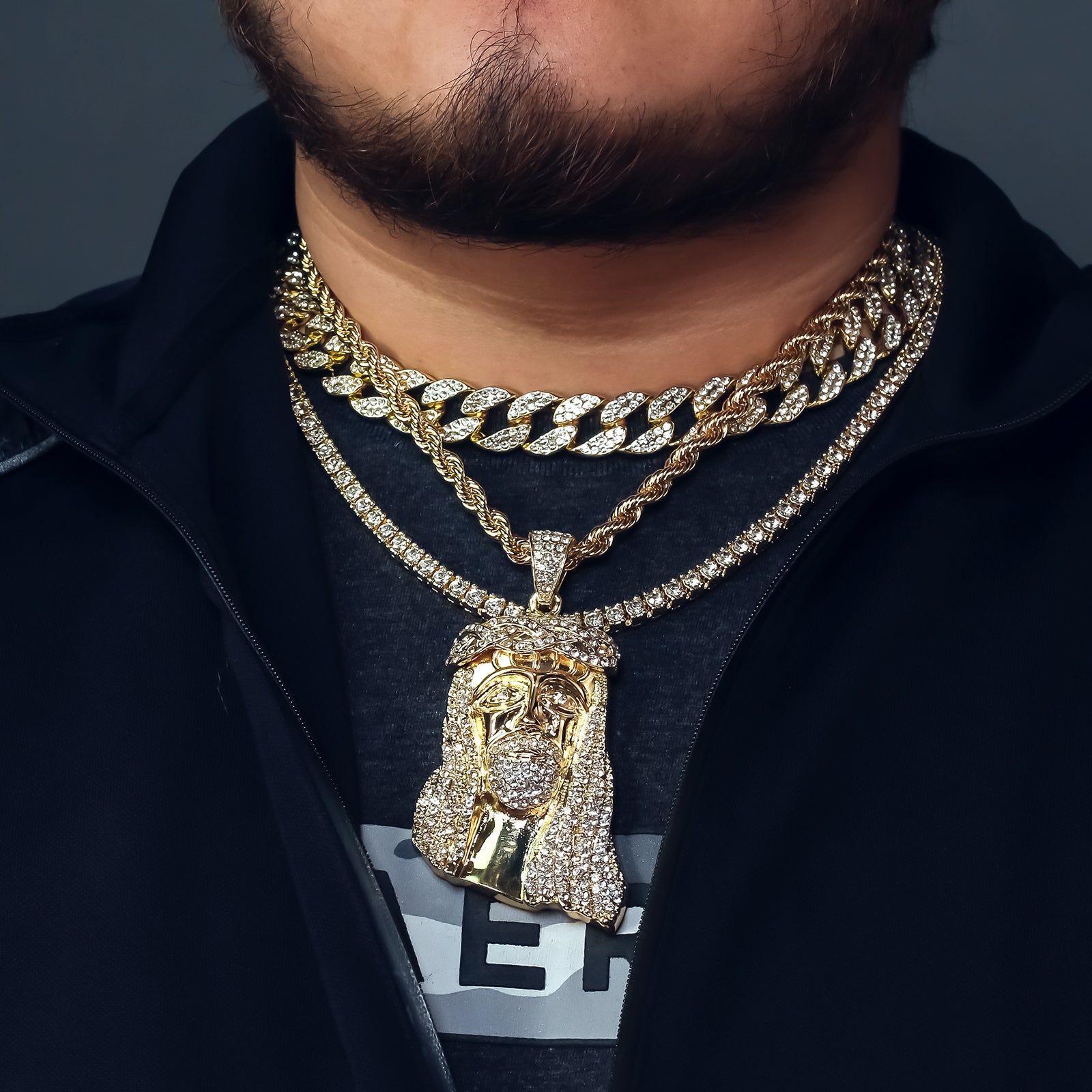 Jesus 4 Pcs Set Clear Cz Cuban, Tennis & Rope Chain Bundle Gold PT