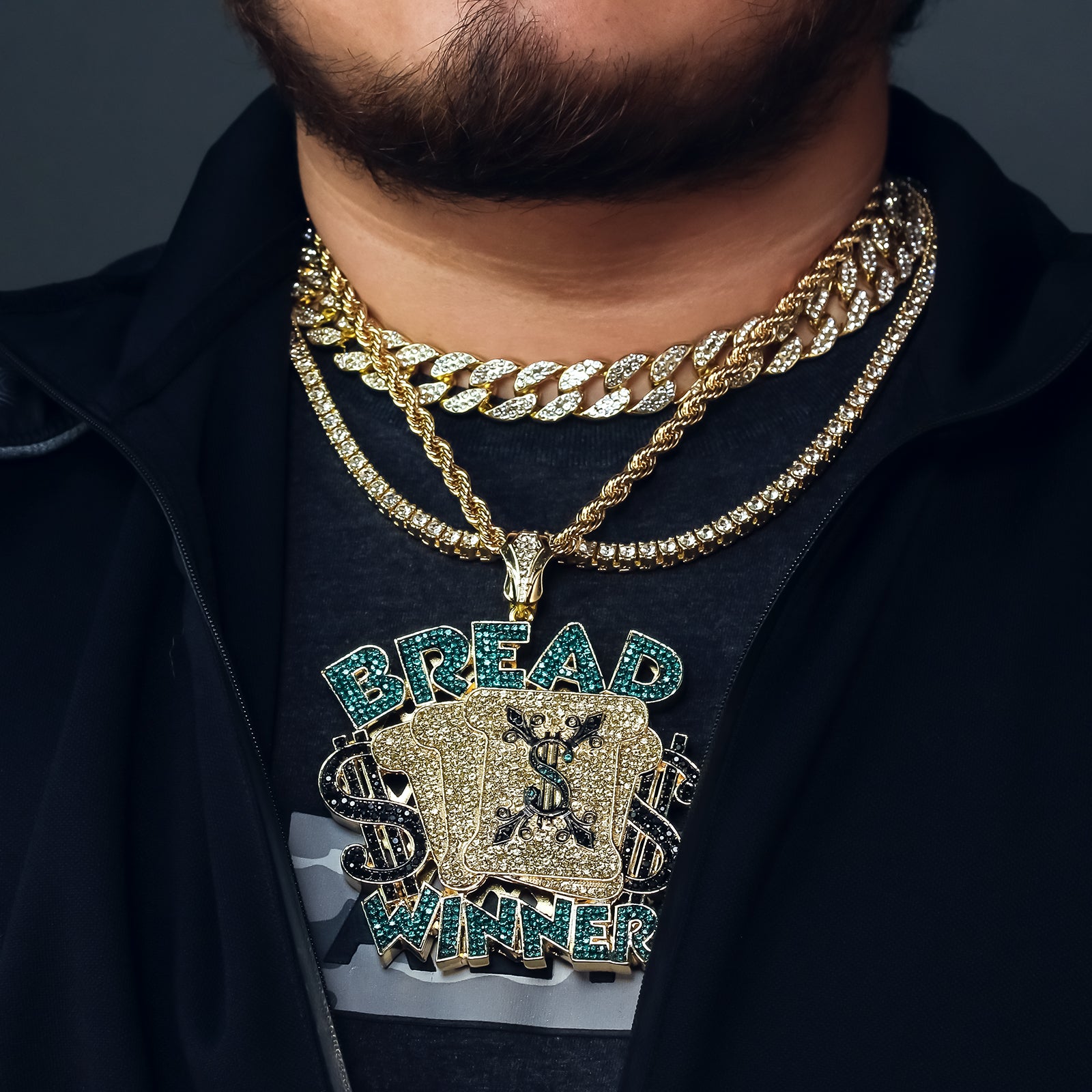 4PC Set – Bread Winner Pendant with Gold CZ Cuban, Tennis & Rope Chains