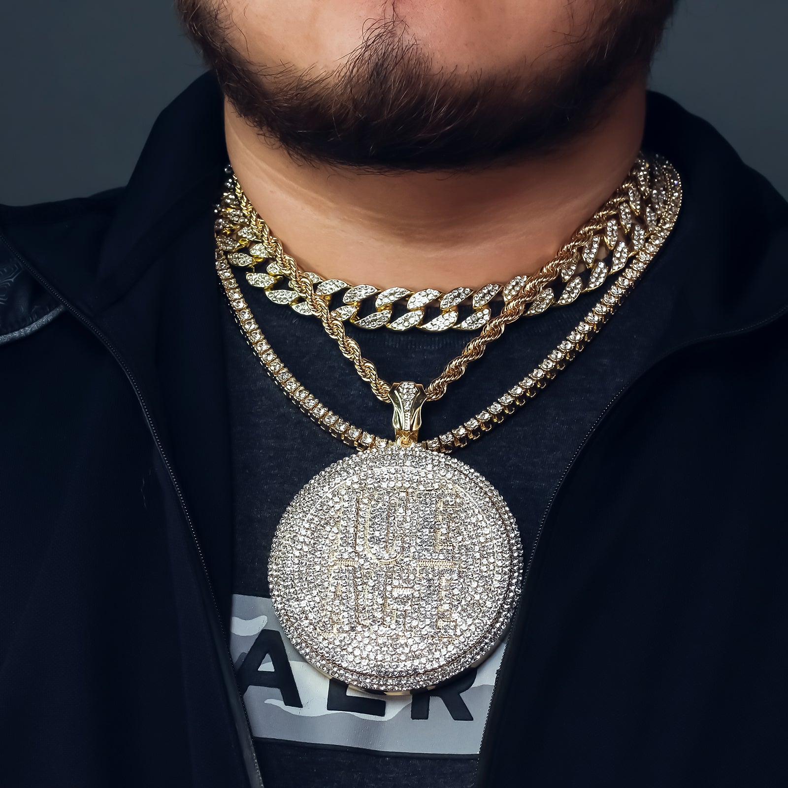 4PC Set – Ice Age Pendant with Gold CZ Cuban, Tennis & Rope Chains