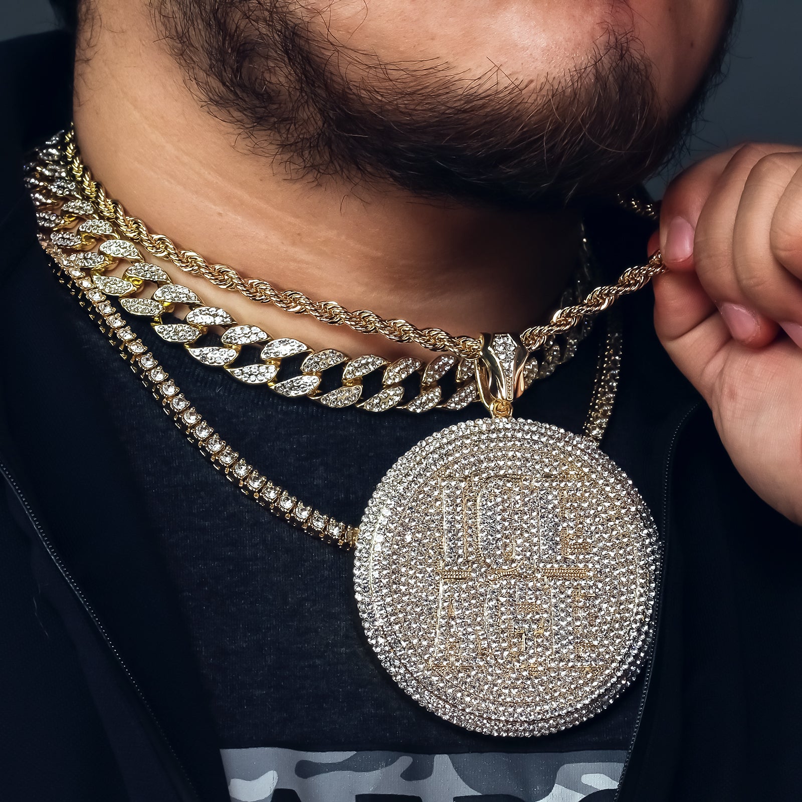 4PC Set – Ice Age Pendant with Gold CZ Cuban, Tennis & Rope Chains