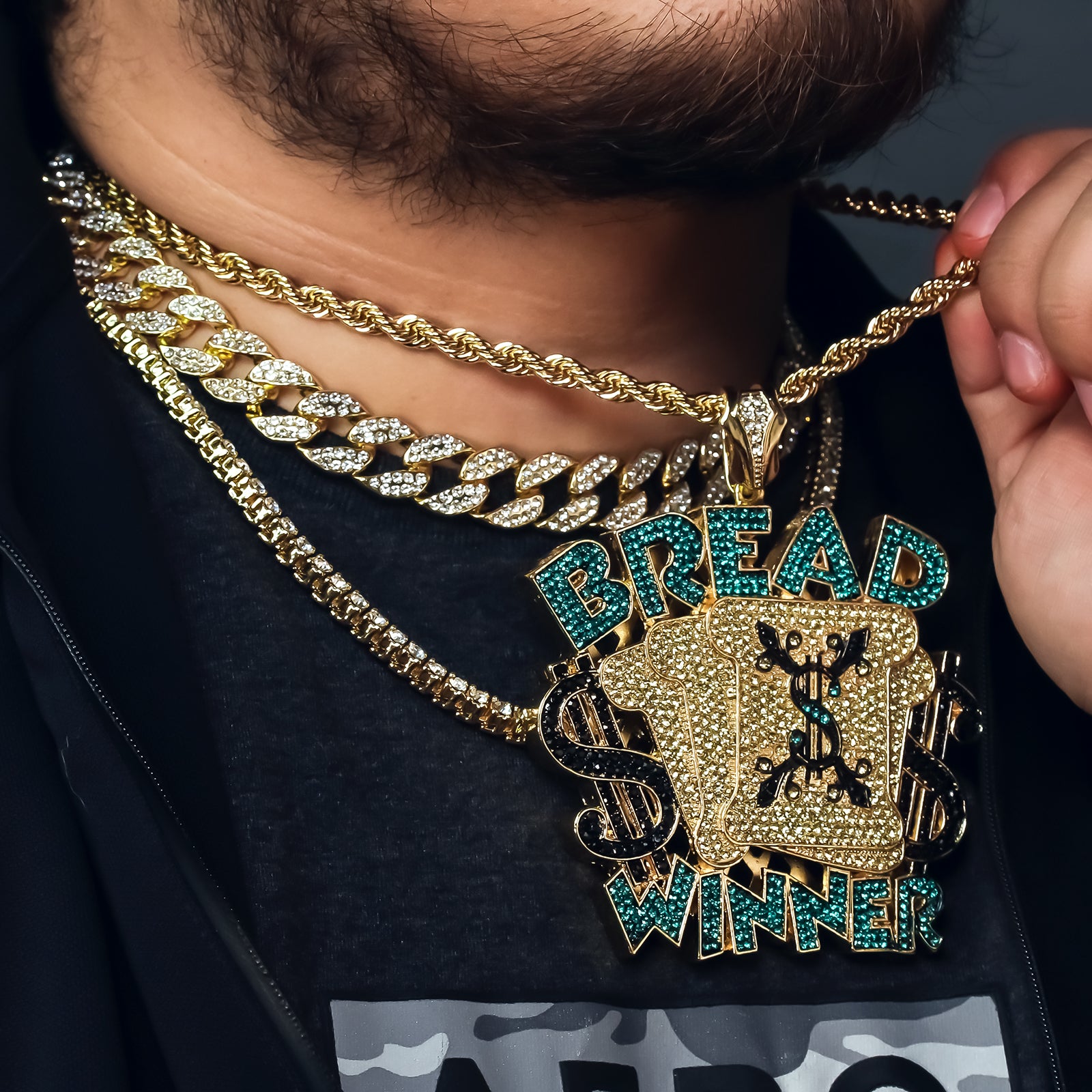 4PC Set – Bread Winner Pendant with Gold CZ Cuban, Tennis & Rope Chains