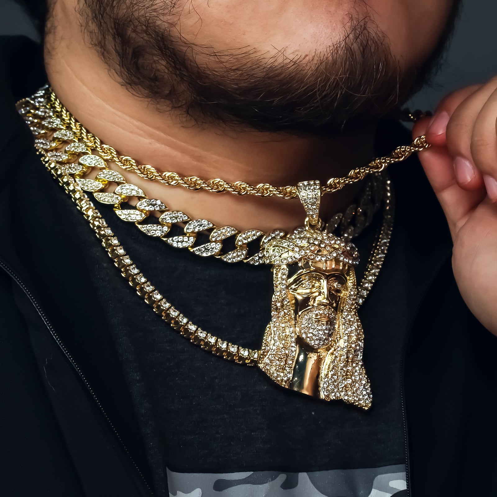 Jesus 4 Pcs Set Clear Cz Cuban, Tennis & Rope Chain Bundle Gold PT