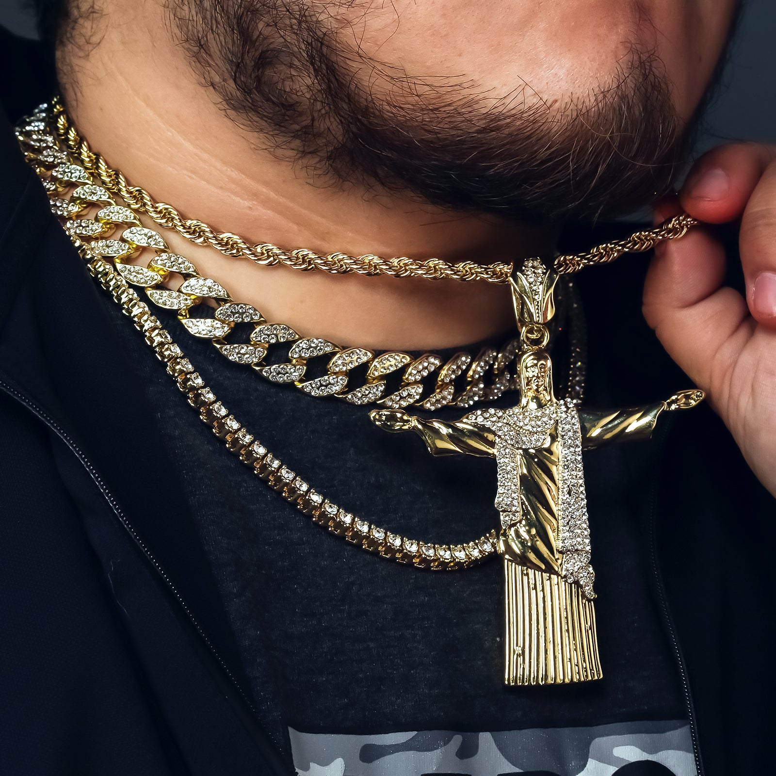 Christ Redeemer Cz 4 Pcs Set Clear Cz Cuban, Tennis & Rope Chain Bundle Gold PT