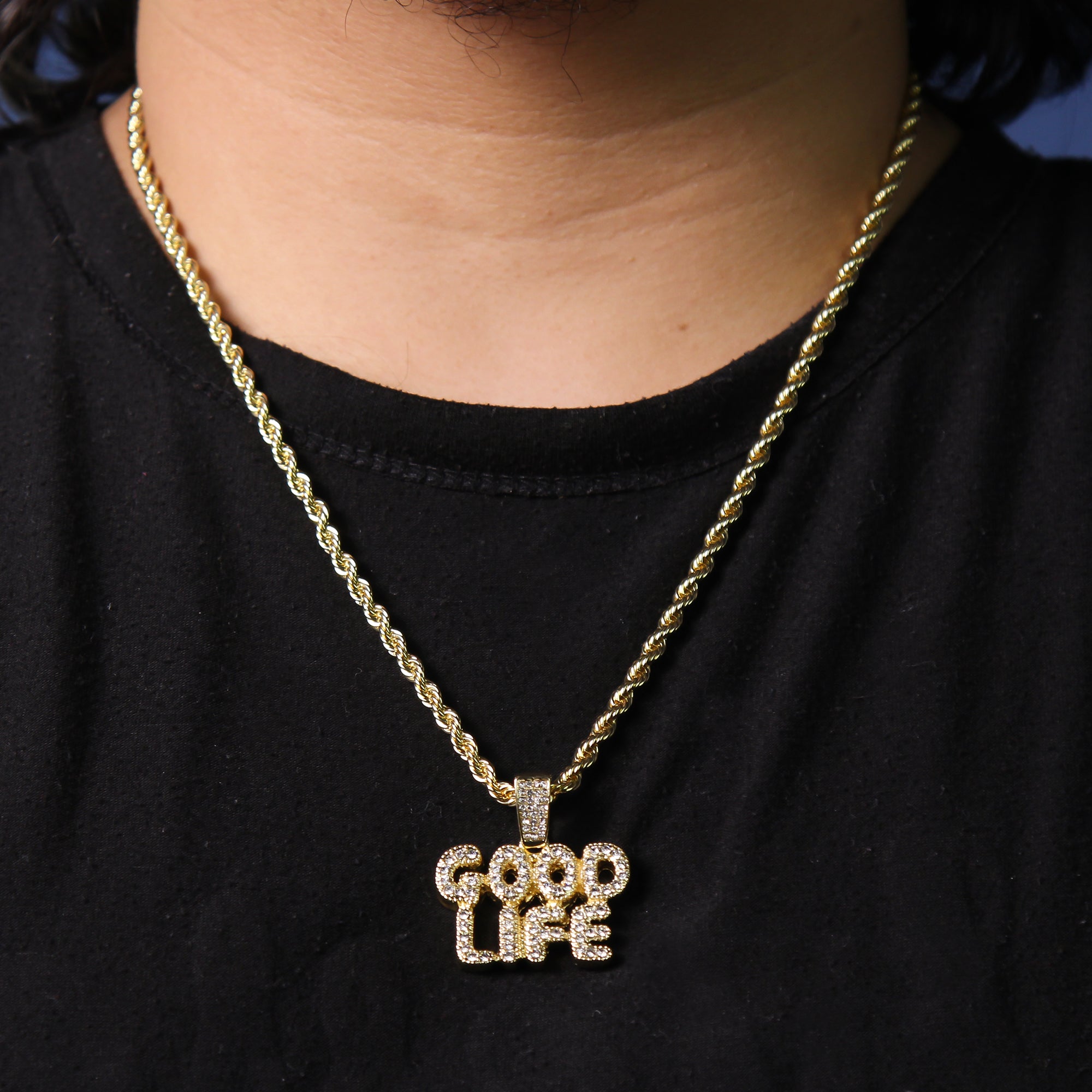 Good Life Letter Pendant Rope Chain Men's Hip Hop 18k Cz Jewelry Necklace Choker