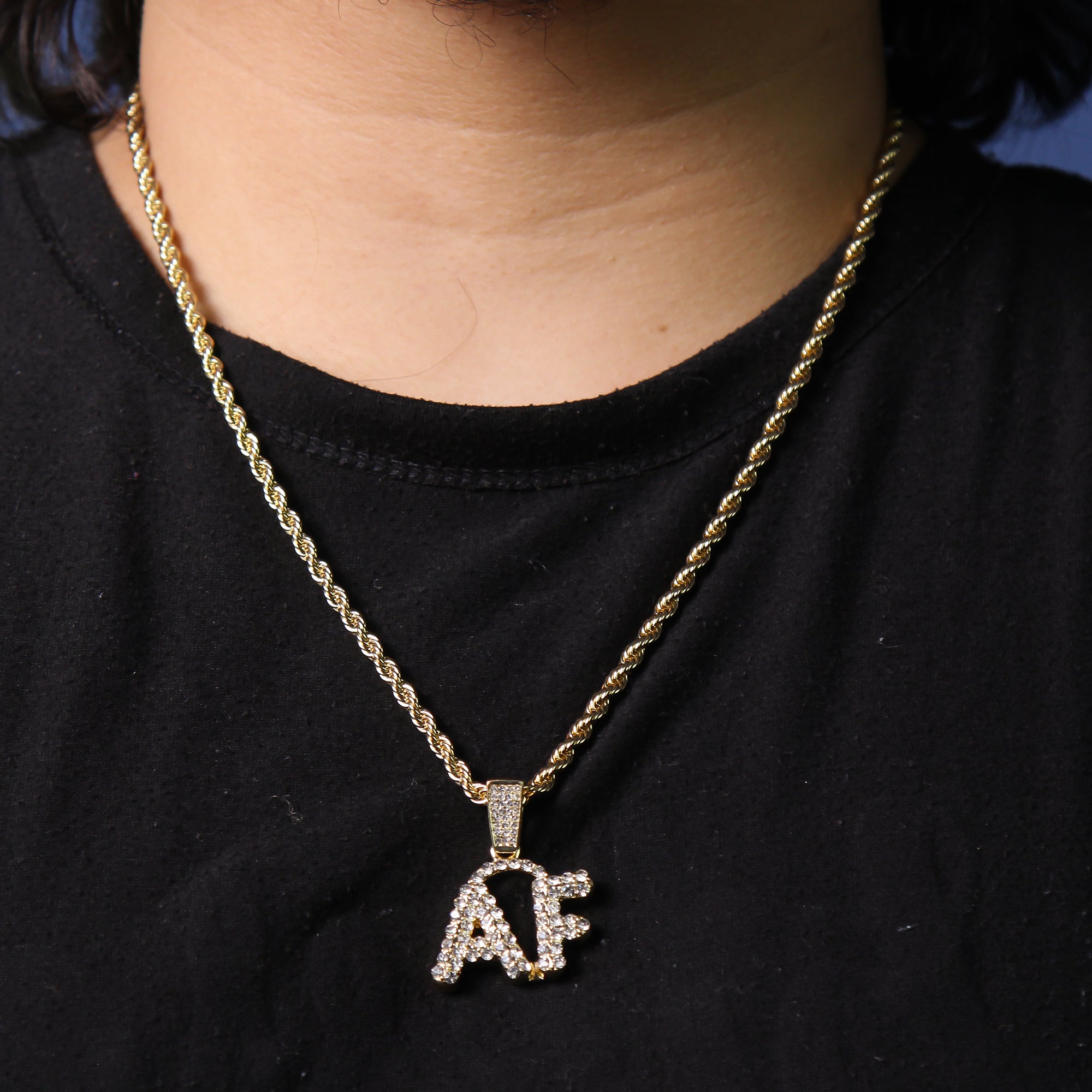 AF Curve Letter Pendant Rope Chain Men's Hip Hop 18k Cz Jewelry Necklace
