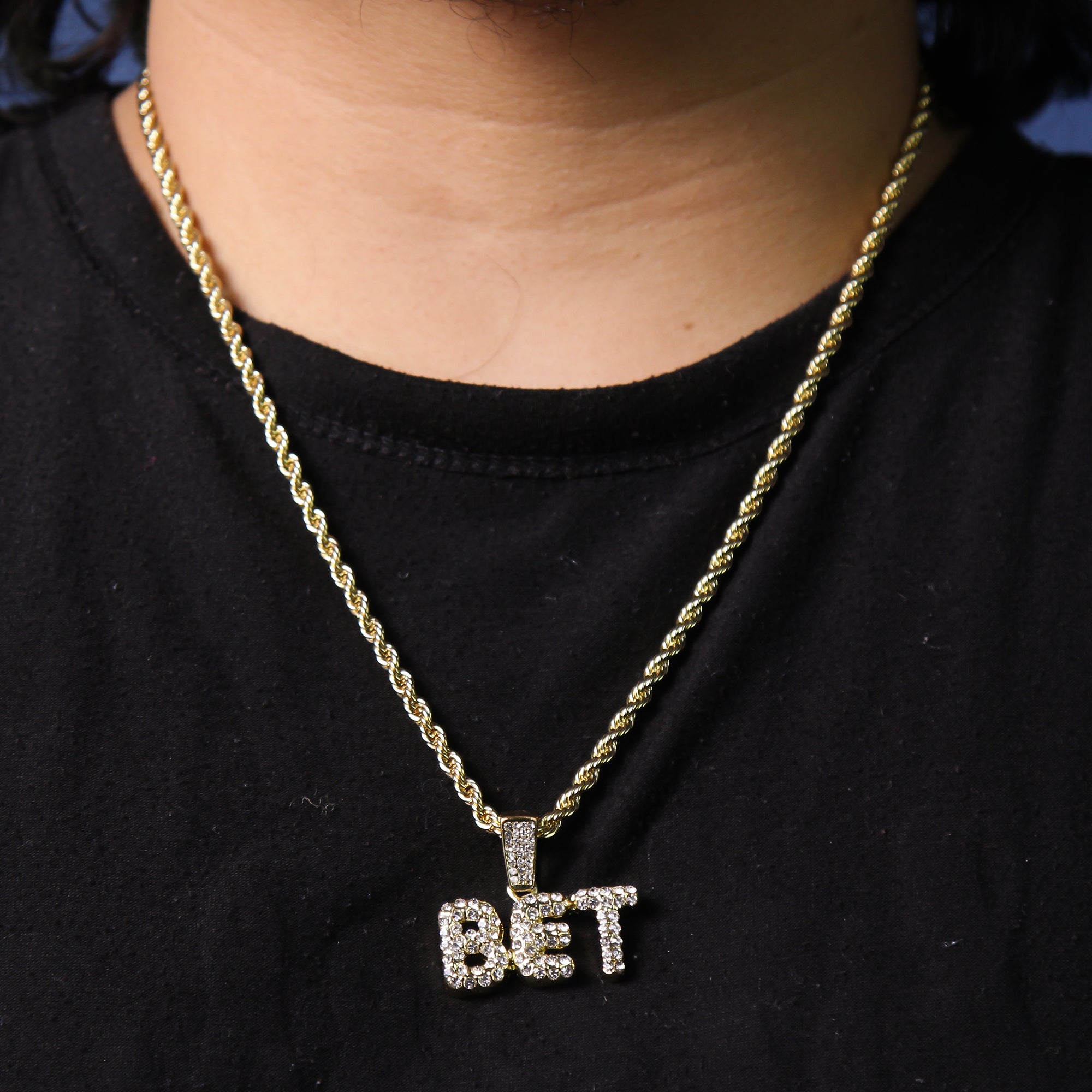 BET Letter Pendant Rope Chain Men's Hip Hop 18k Cz Jewelry Choker Necklace