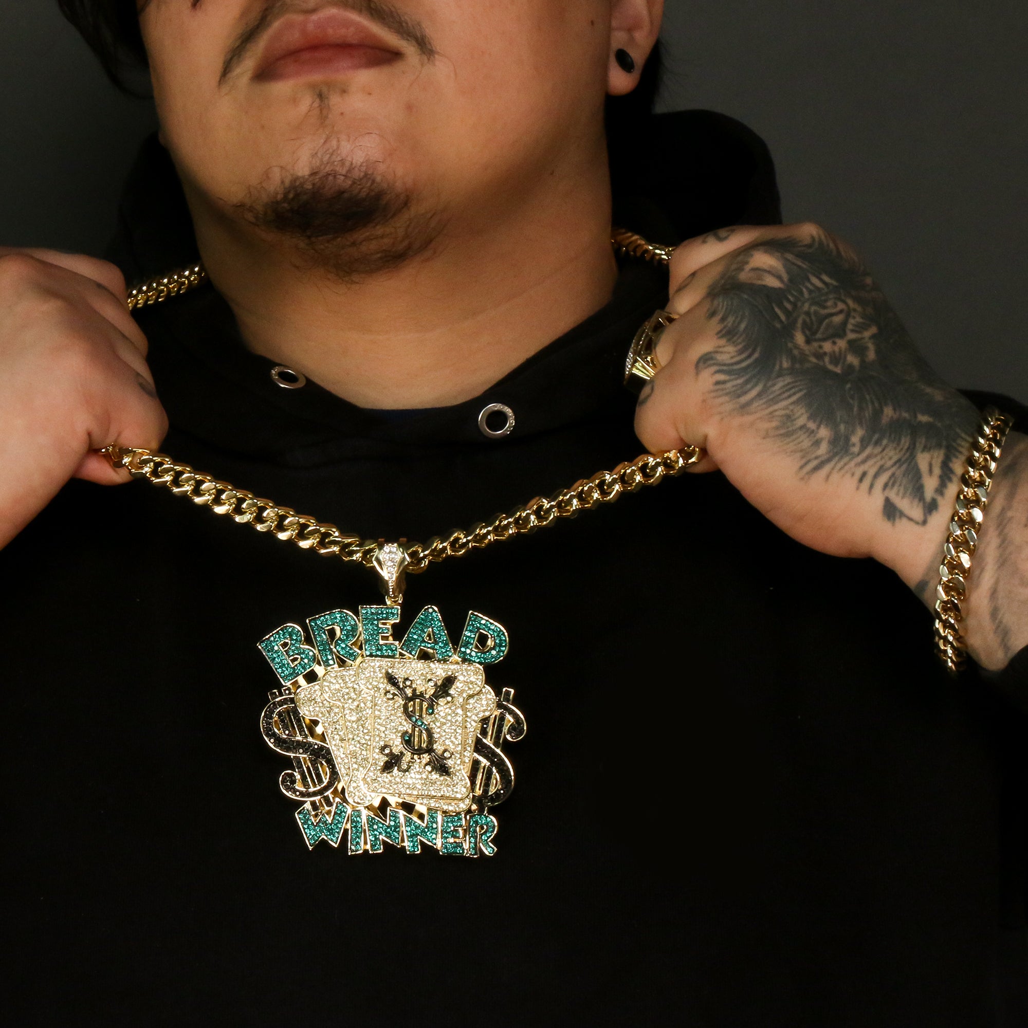 Gold Plated Flat Pimp Ring / 30inch Cuban Chain Huge Bread Winner Pendant Hip Hop