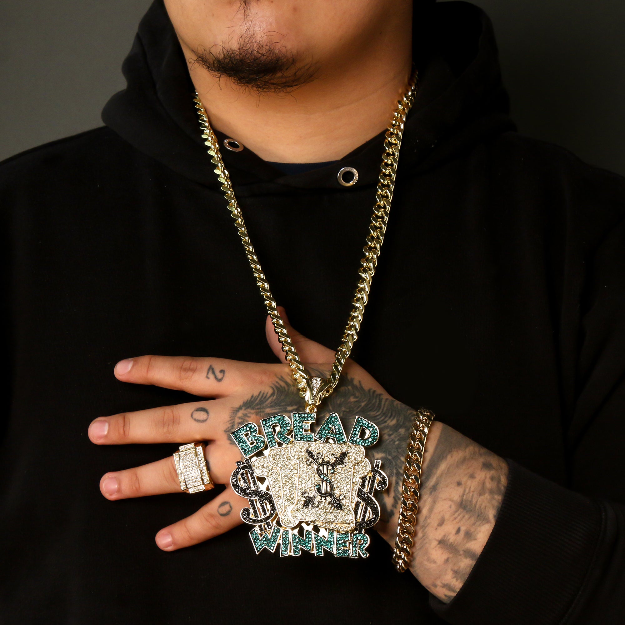 Gold Plated Flat Pimp Ring / 30inch Cuban Chain Huge Bread Winner Pendant Hip Hop
