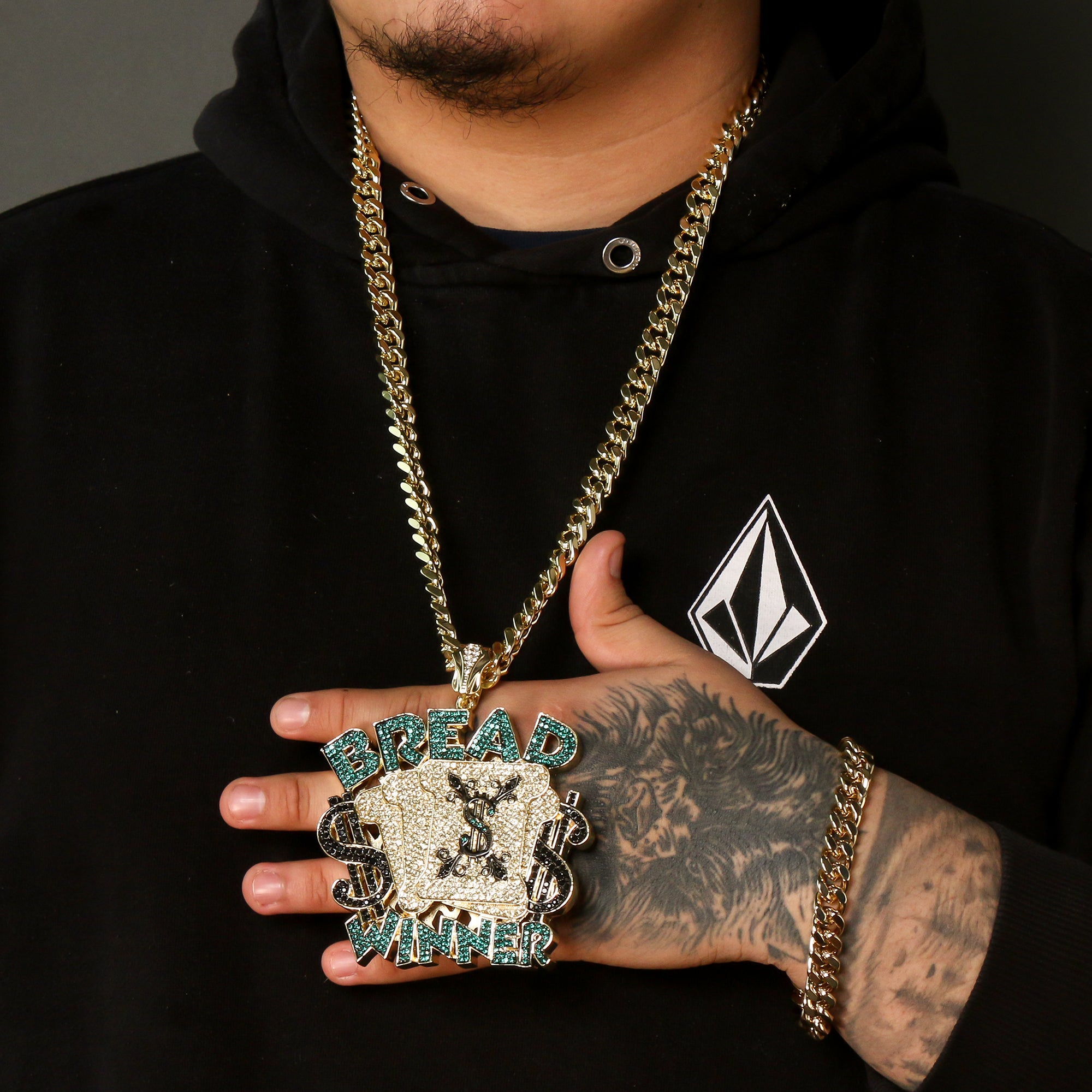 Gold Plated Flat Pimp Ring / 30inch Cuban Chain Huge Bread Winner Pendant Hip Hop
