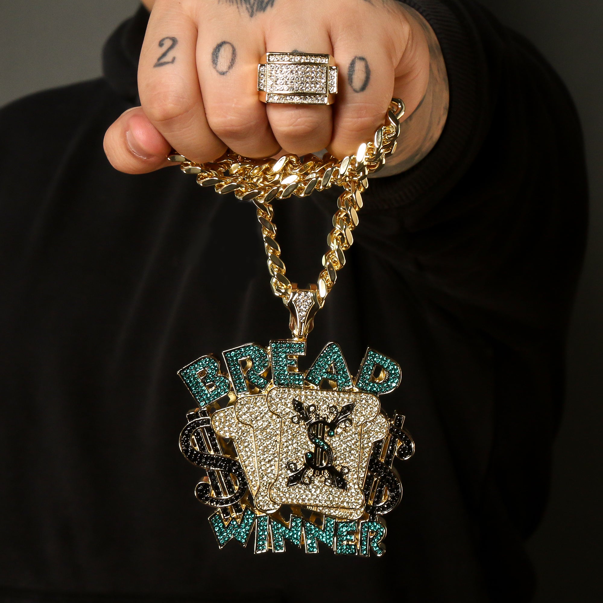 Gold Plated Flat Pimp Ring / 30inch Cuban Chain Huge Bread Winner Pendant Hip Hop