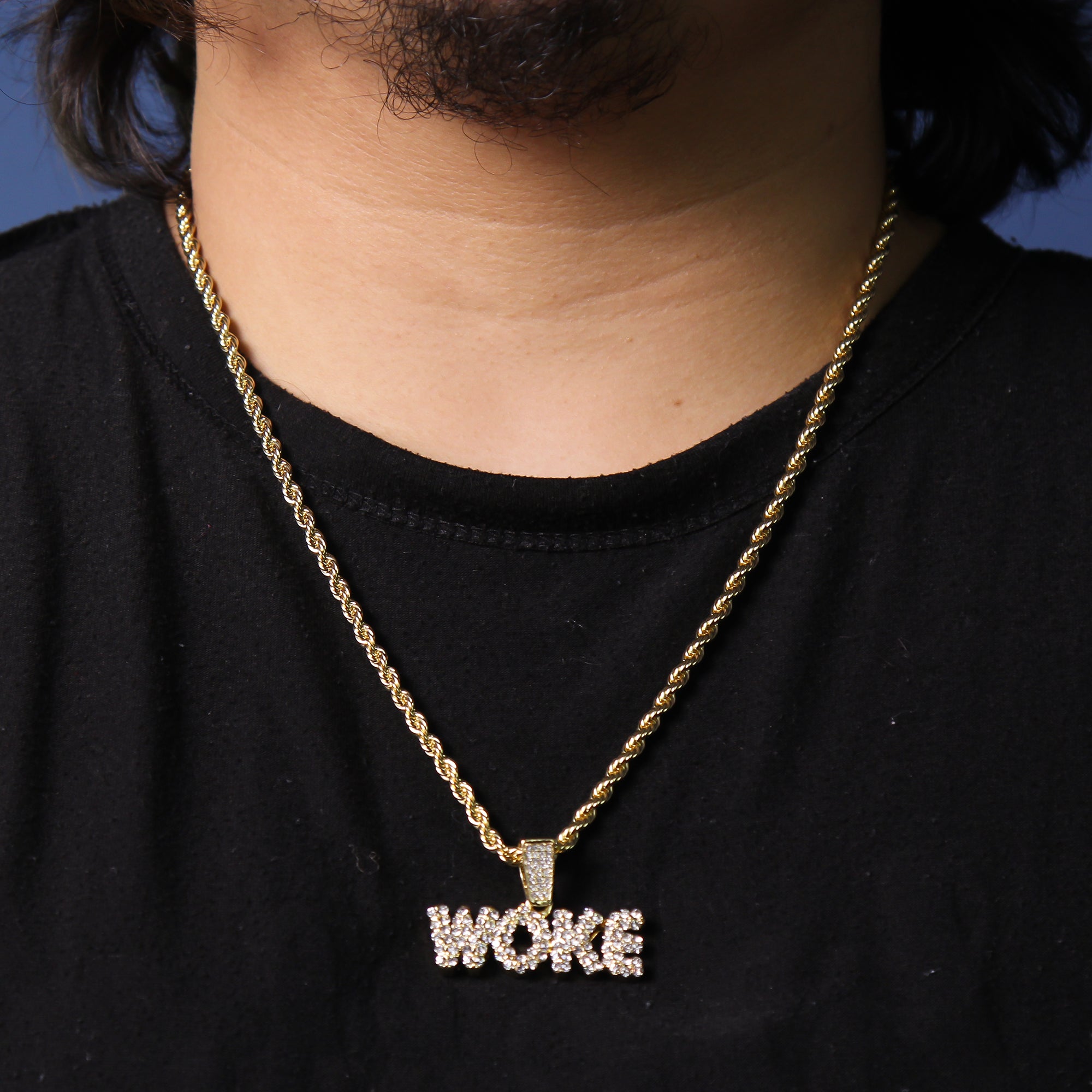 WOKE Letter Pendant Rope Chain Men's Hip Hop 18k Cz Jewelry Choker Necklace
