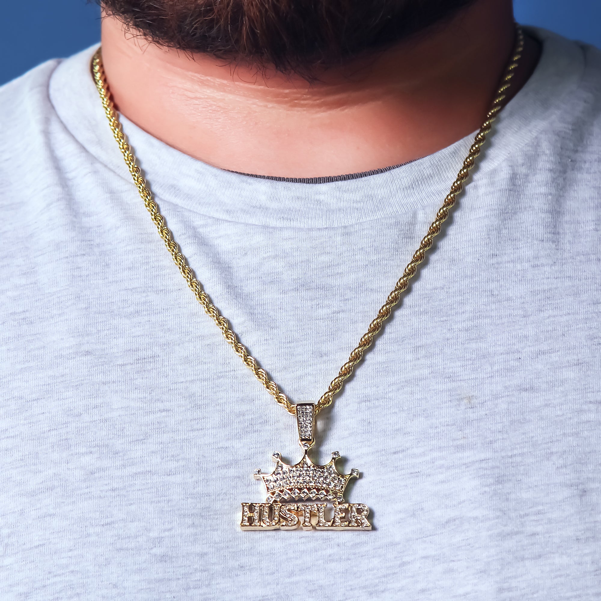 Crown Hustler Pendant Rope Chain Men's Hip Hop 18k Cz Jewelry Necklace