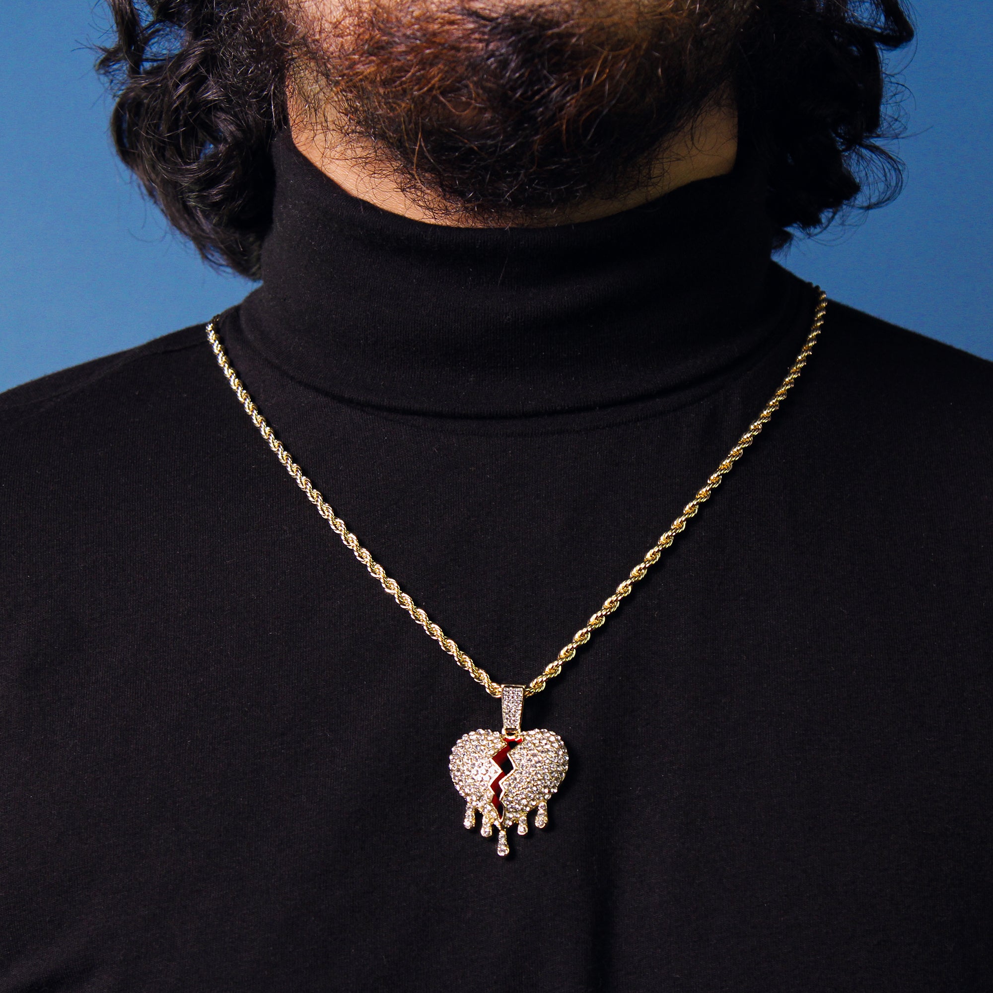 Drip Broken Heart Pendant 4mm 24" Rope Chain 18k Gold Plated
