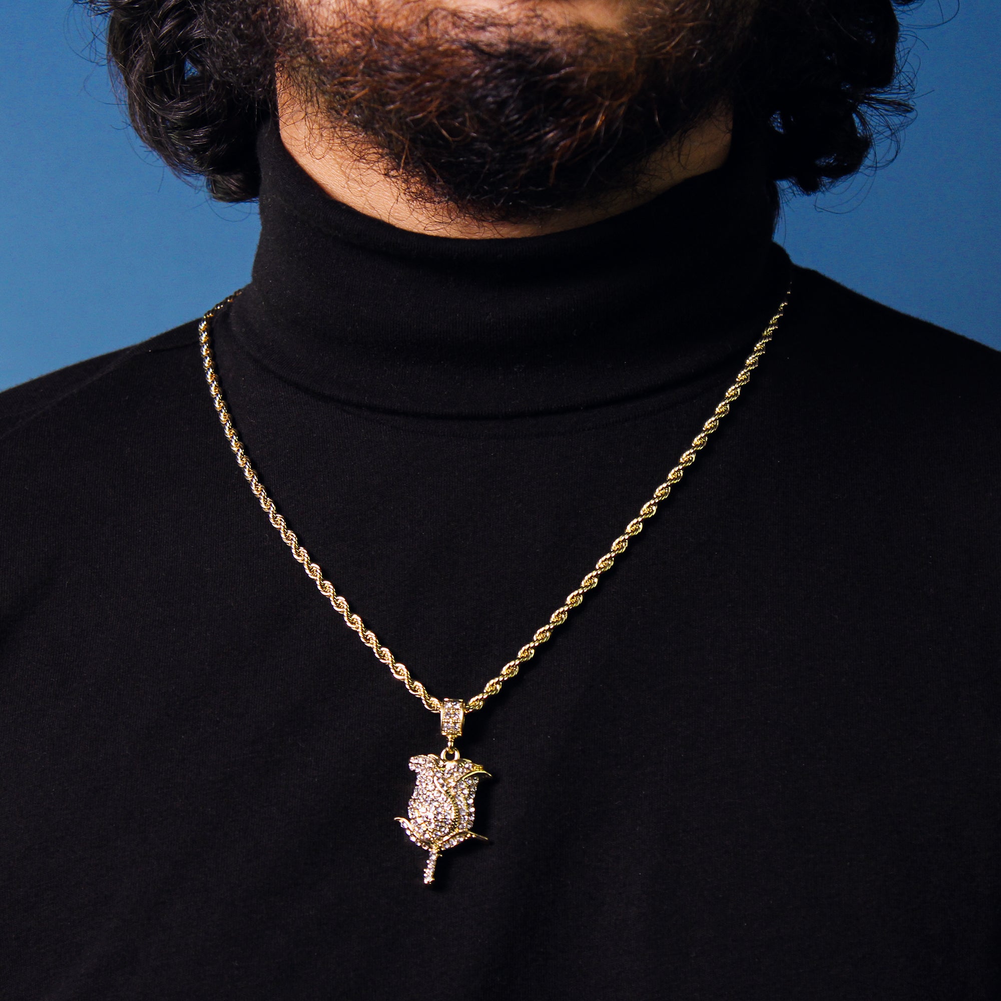 Rose Pendant 4mm 24" Rope Chain 18k Gold Plated