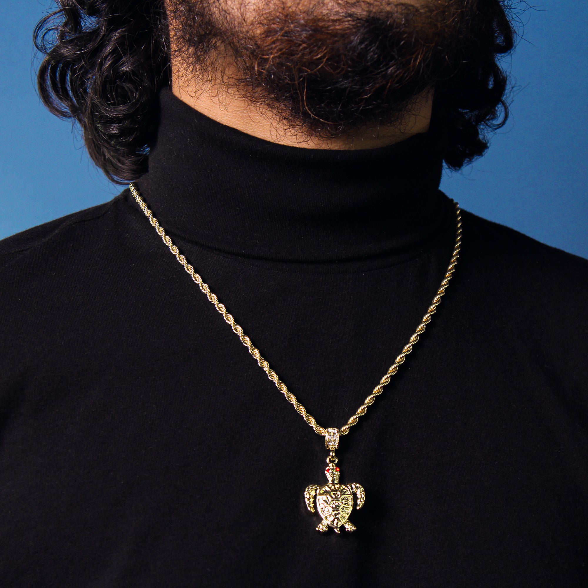 Turtle Red Eye Pendant 4mm 24" Rope Chain 18k Gold Plated