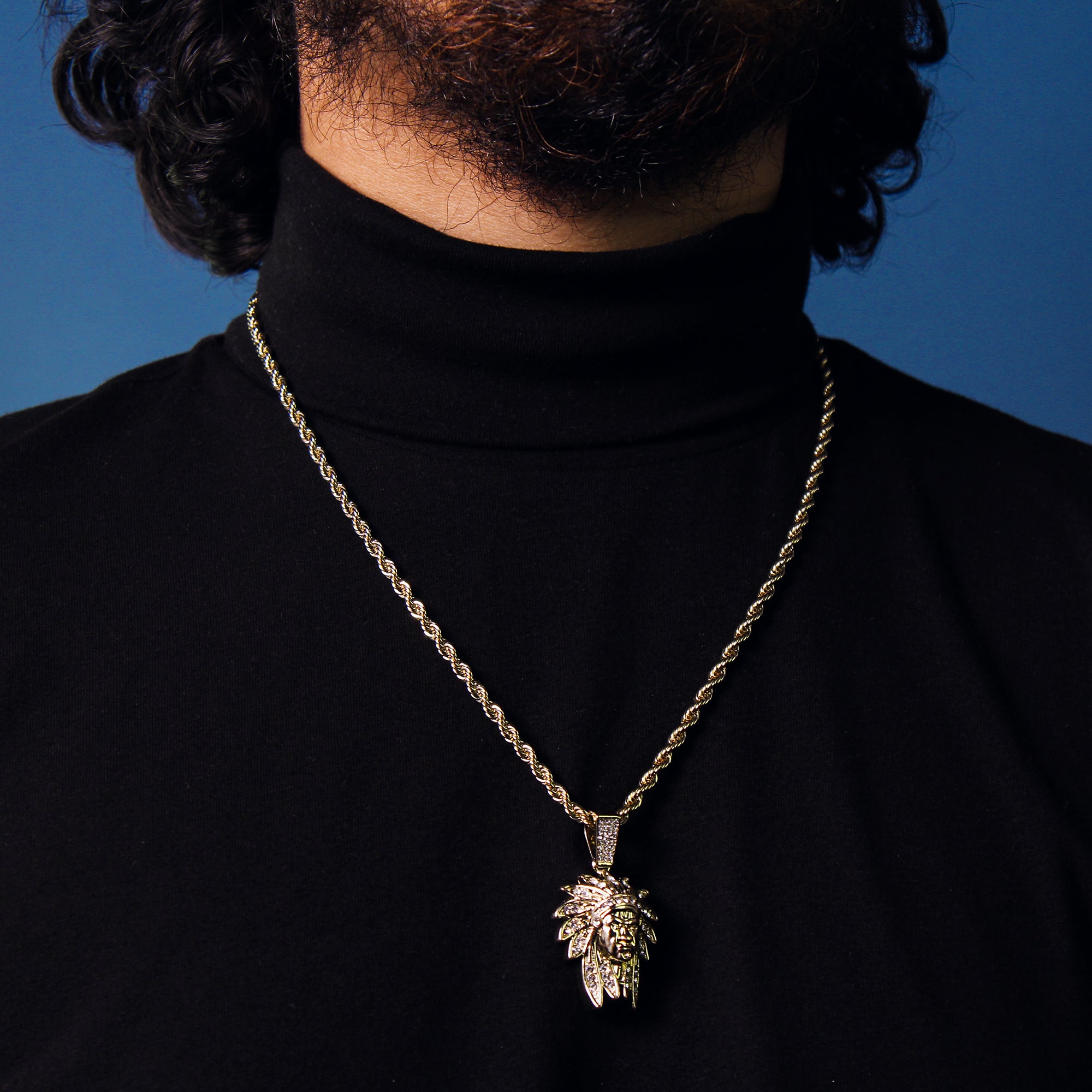 Indian Chief Pendant 4mm 24" Rope Chain 18k Gold Plated