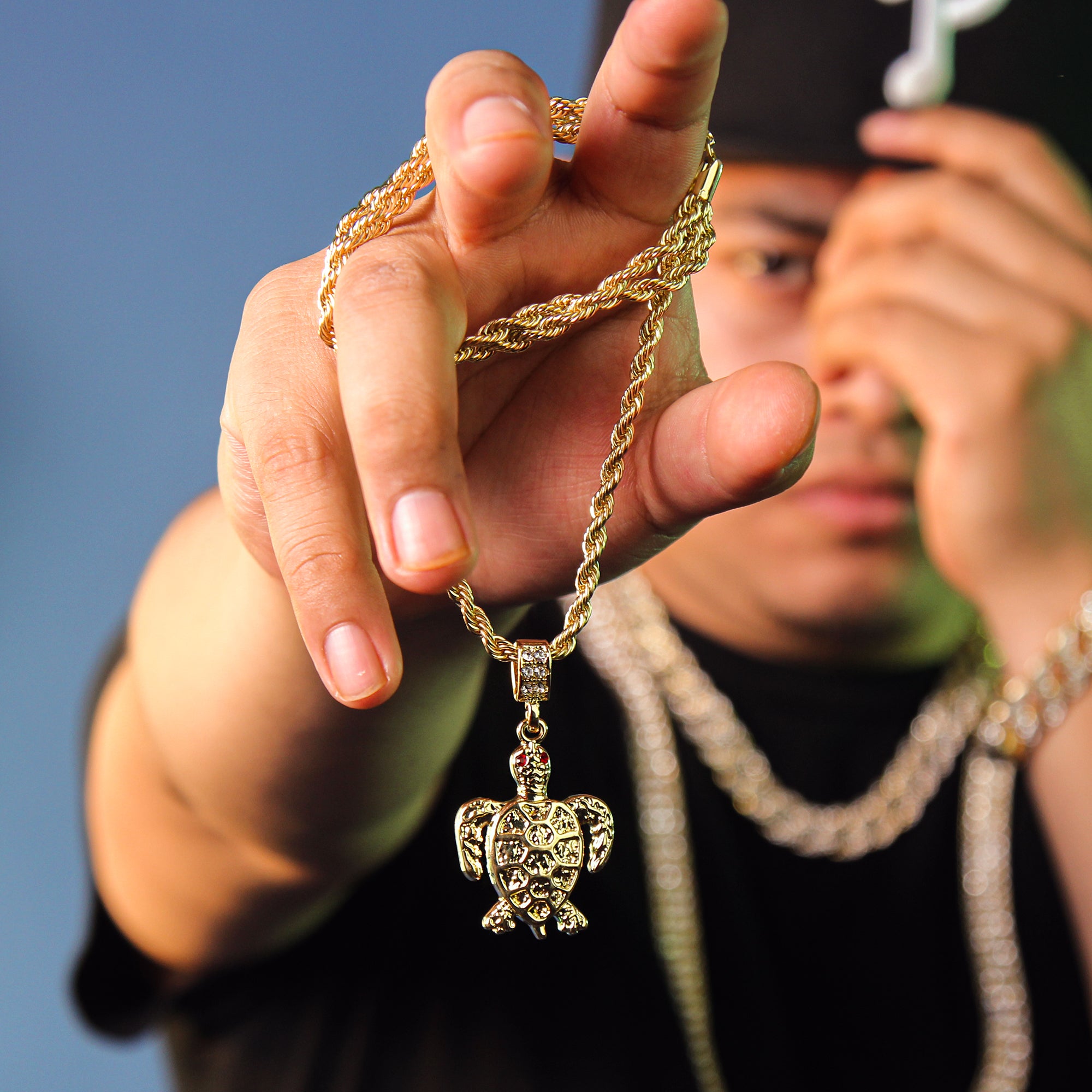 Turtle Red Eye Pendant 4mm 24" Rope Chain 18k Gold Plated