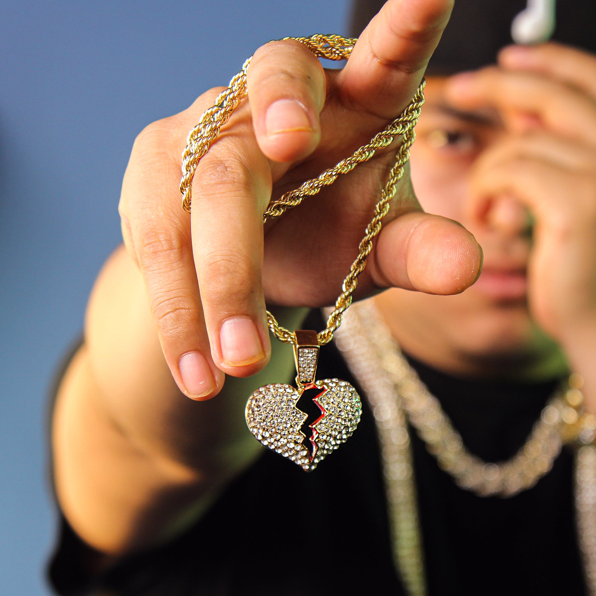 Broken Heart Pendant 4mm 24" Rope Chain 18k Gold Plated