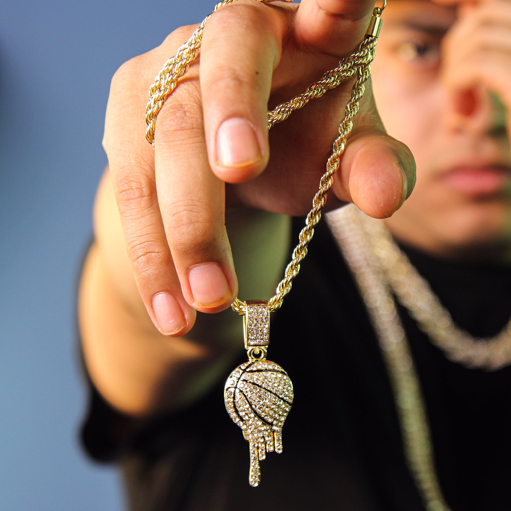 Drip Basketball Pendant 4mm 24" Rope Chain 18k Gold Plated