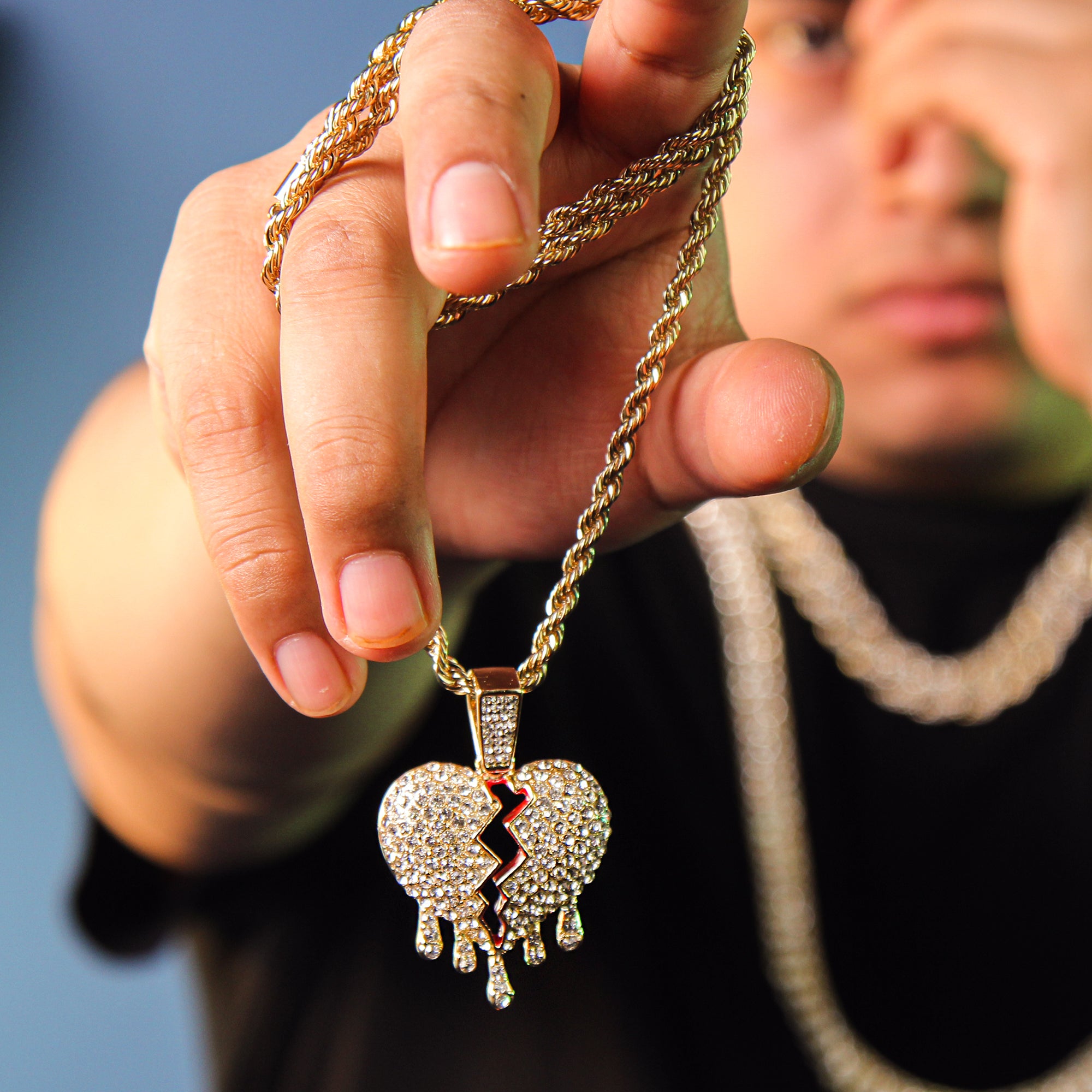 Drip Broken Heart Pendant 4mm 24" Rope Chain 18k Gold Plated