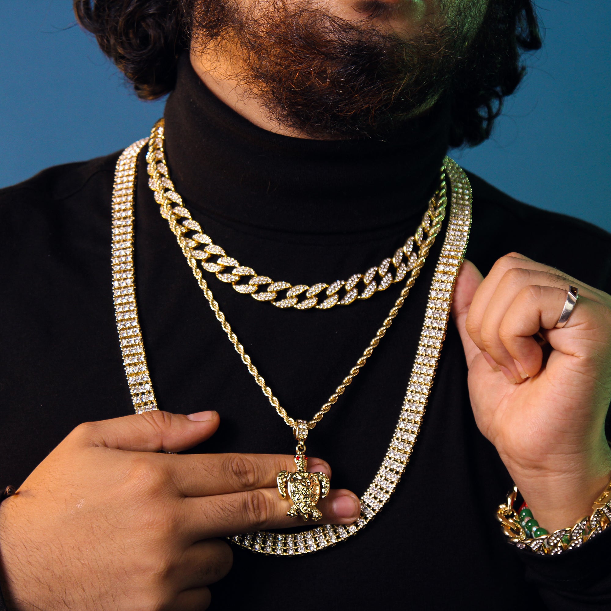 Turtle Red Eye Pendant 4mm 24" Rope Chain 18k Gold Plated