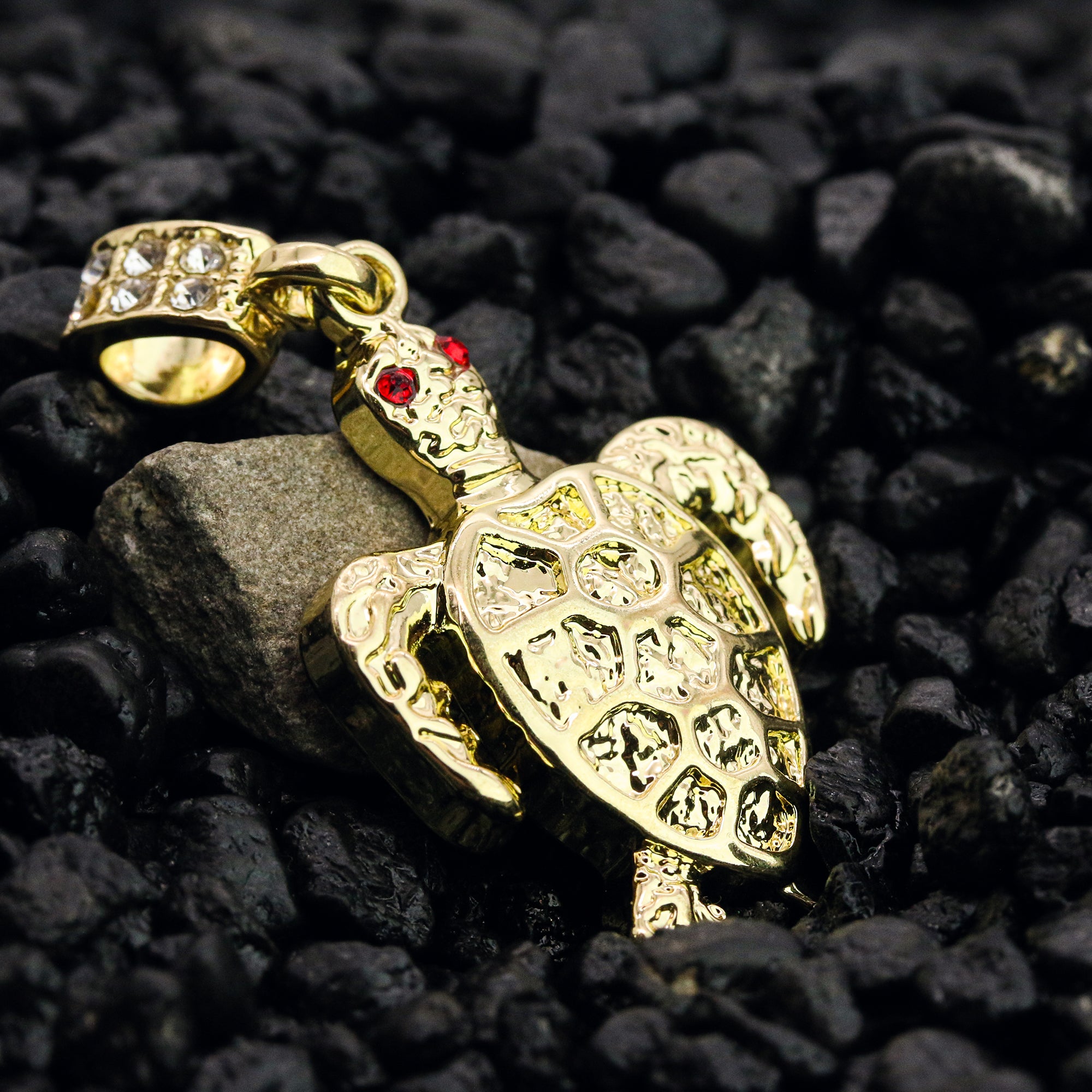 Turtle Red Eye Pendant 4mm 24" Rope Chain 18k Gold Plated